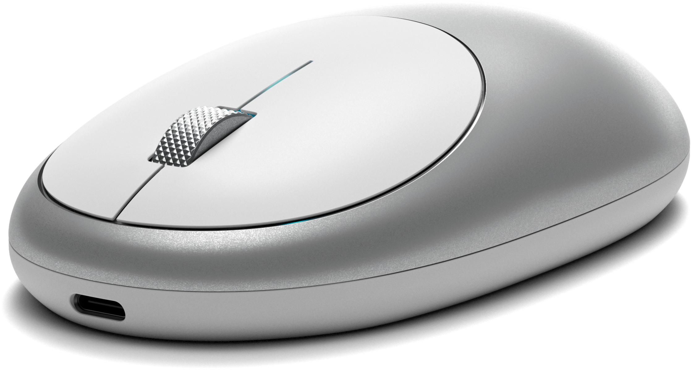 Silber-weiße kabellose Maus. Sie hat ein Scrollrad und einen USB-C-Anschluss.