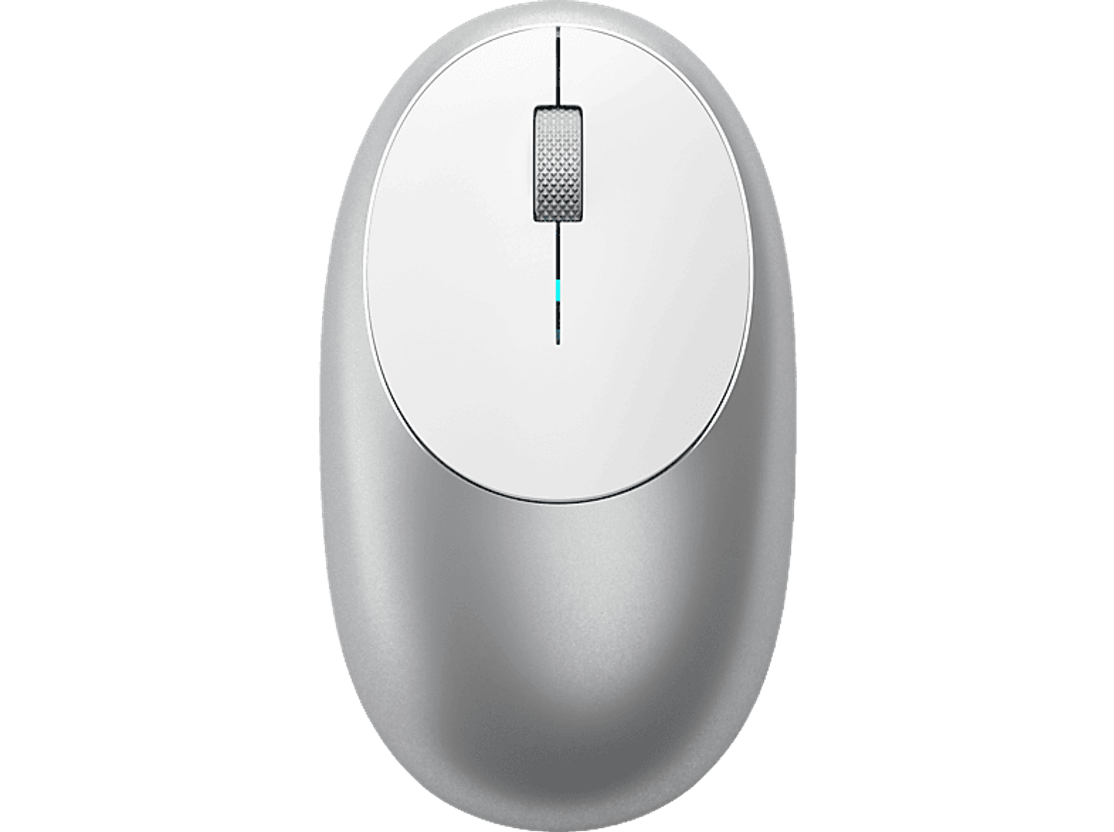 Weiße und silberne Computermaus. Draufsicht. Scrollrad und ein blaues Licht oben.