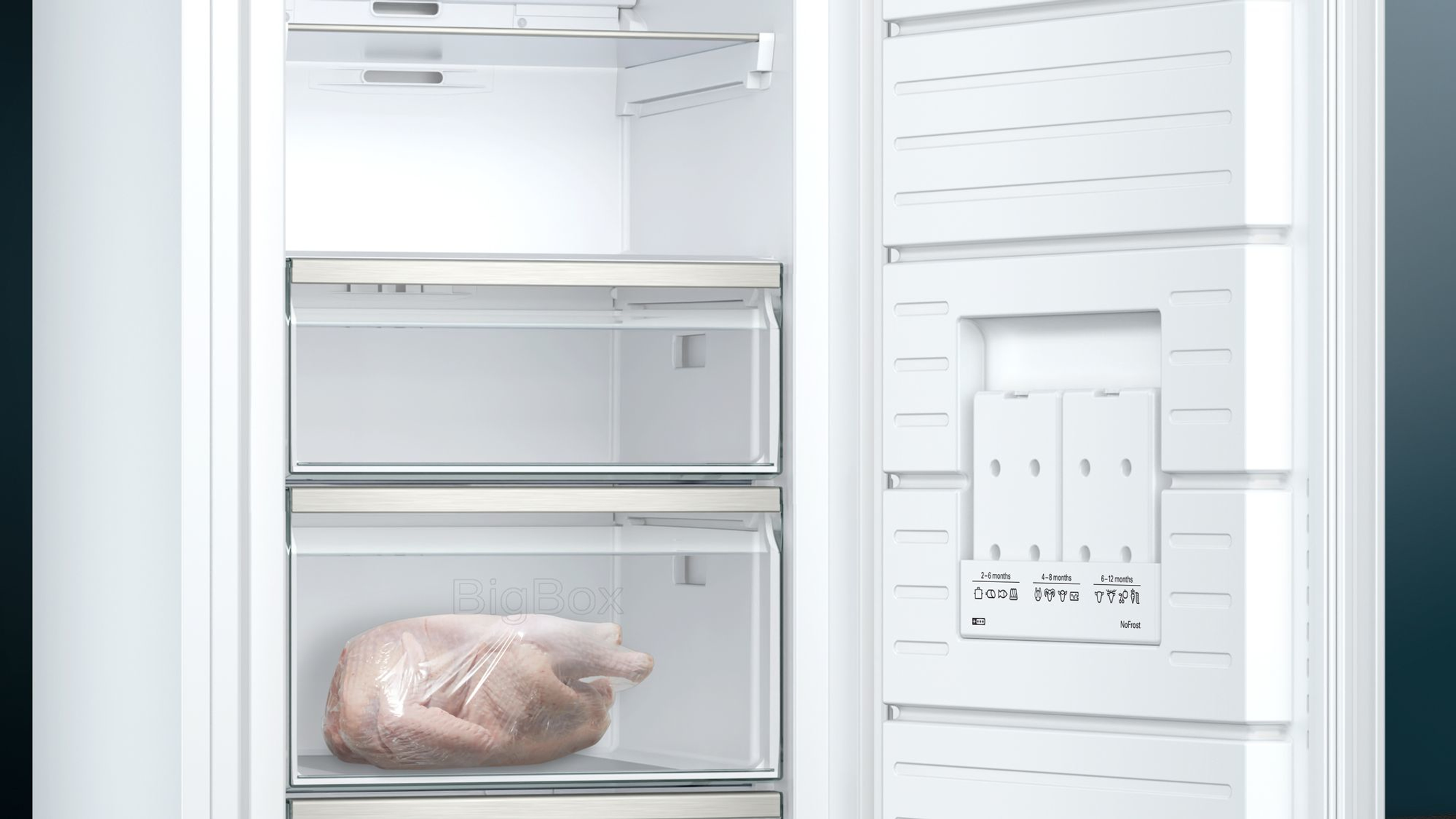 Im Inneren eines Kühlschranks mit Schubladen und einem gefrorenen Huhn.