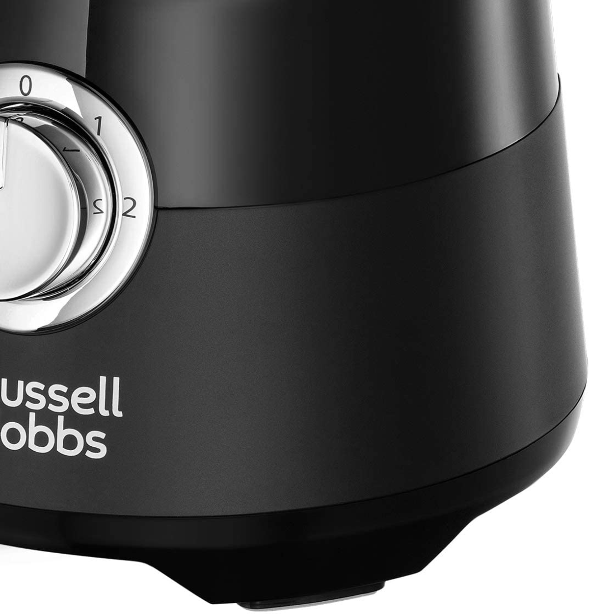 Schwarze Mixerbasis. Zifferblatt mit den Zahlen 0-2. Russell Hobbs Logo an der Seite.