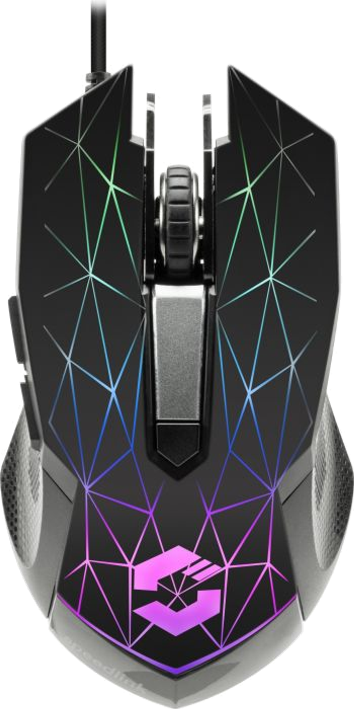 Un ratón para juegos negro con patrones geométricos coloridos y la marca 'S'.