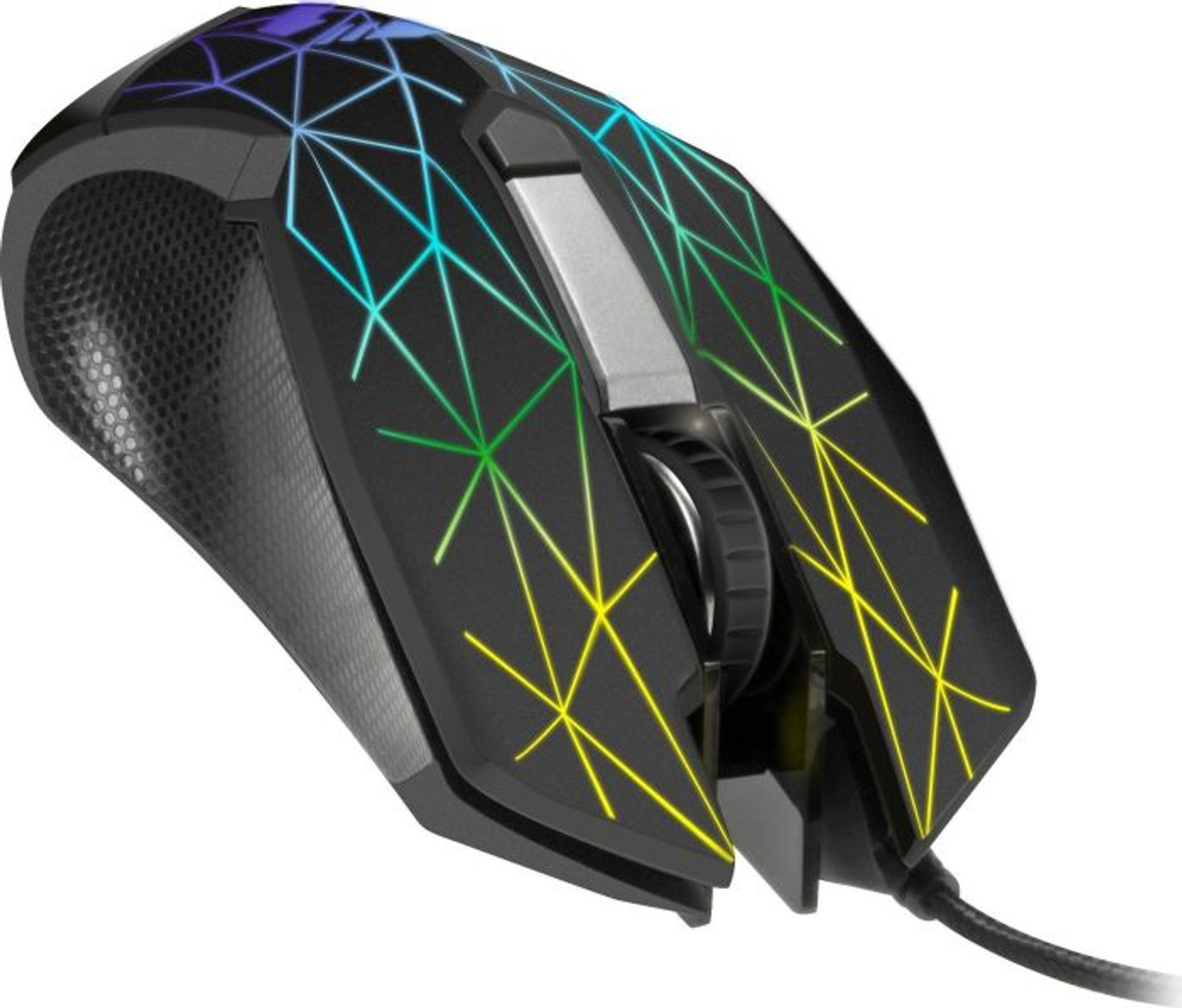 Ratón gaming negro con patrones geométricos coloridos y cable.