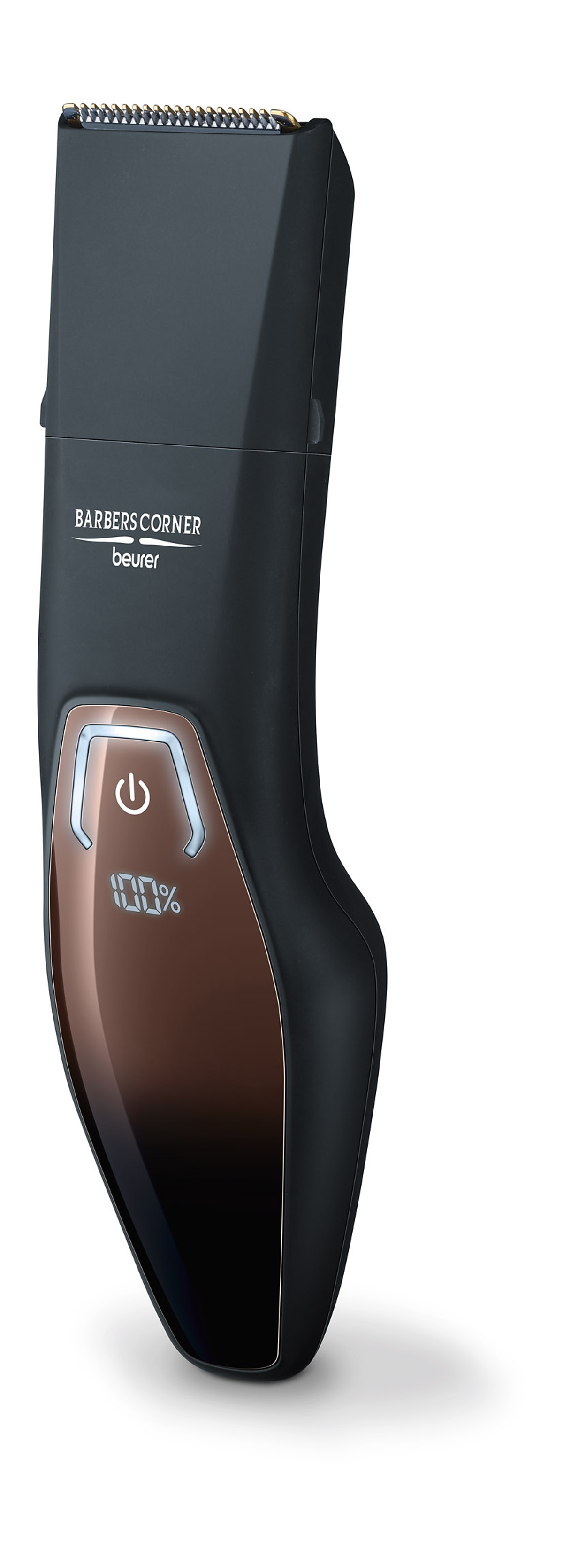 Rifinitore nero e bronzo con display digitale che mostra il 100% di potenza.