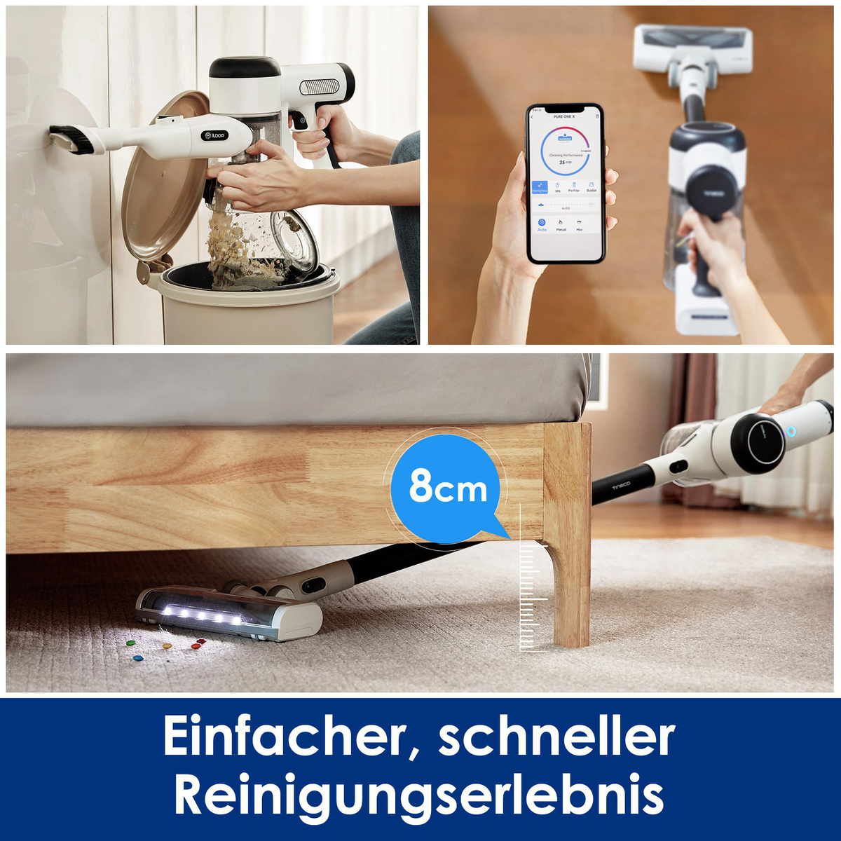 Collage showing a vacuum cleaner in use. Cleaning of trash, a phone showing controls, and cleaning under bed.