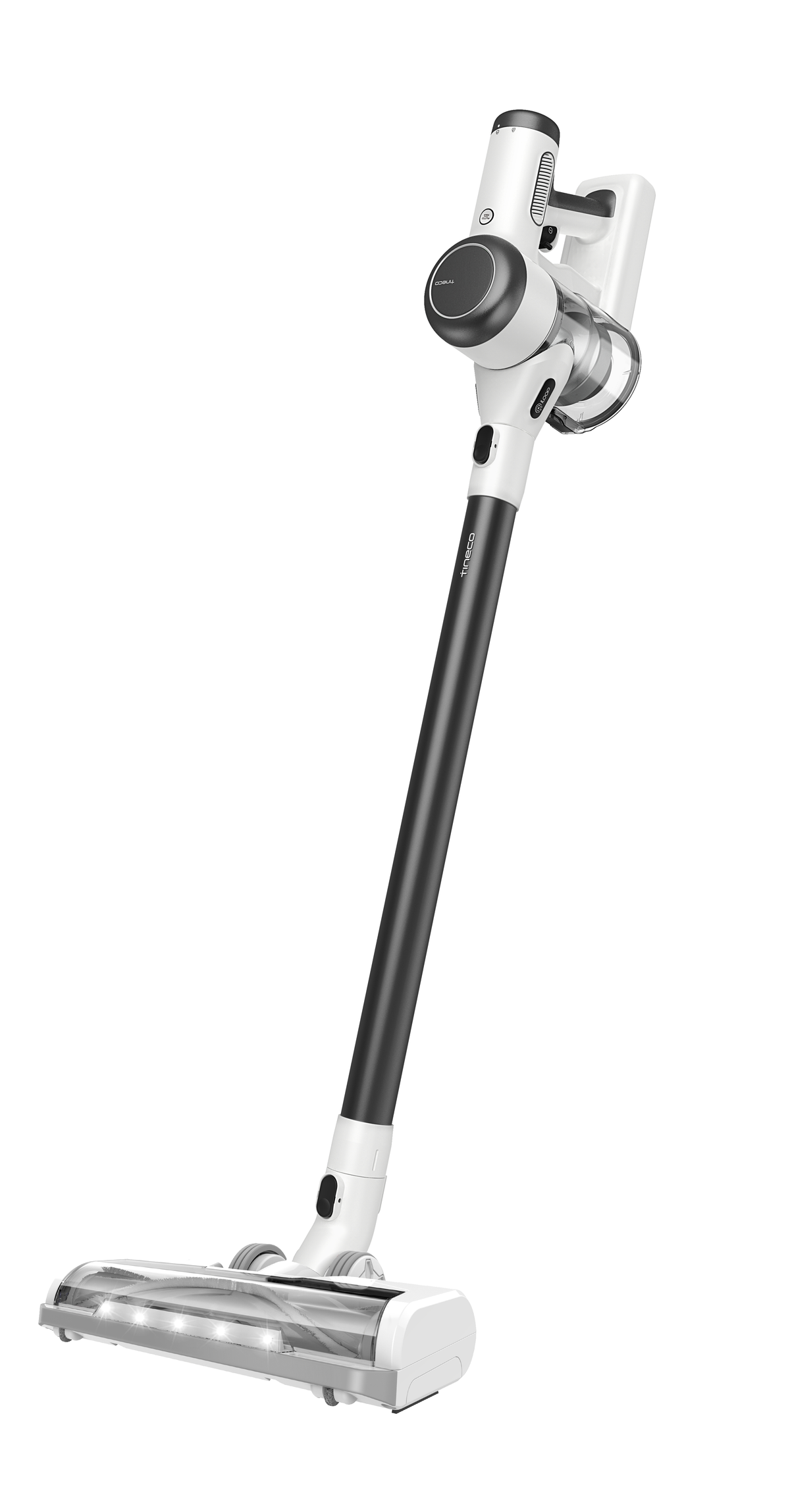 White and black cordless vacuum cleaner on a white background. The vacuum head is at the bottom of the image.