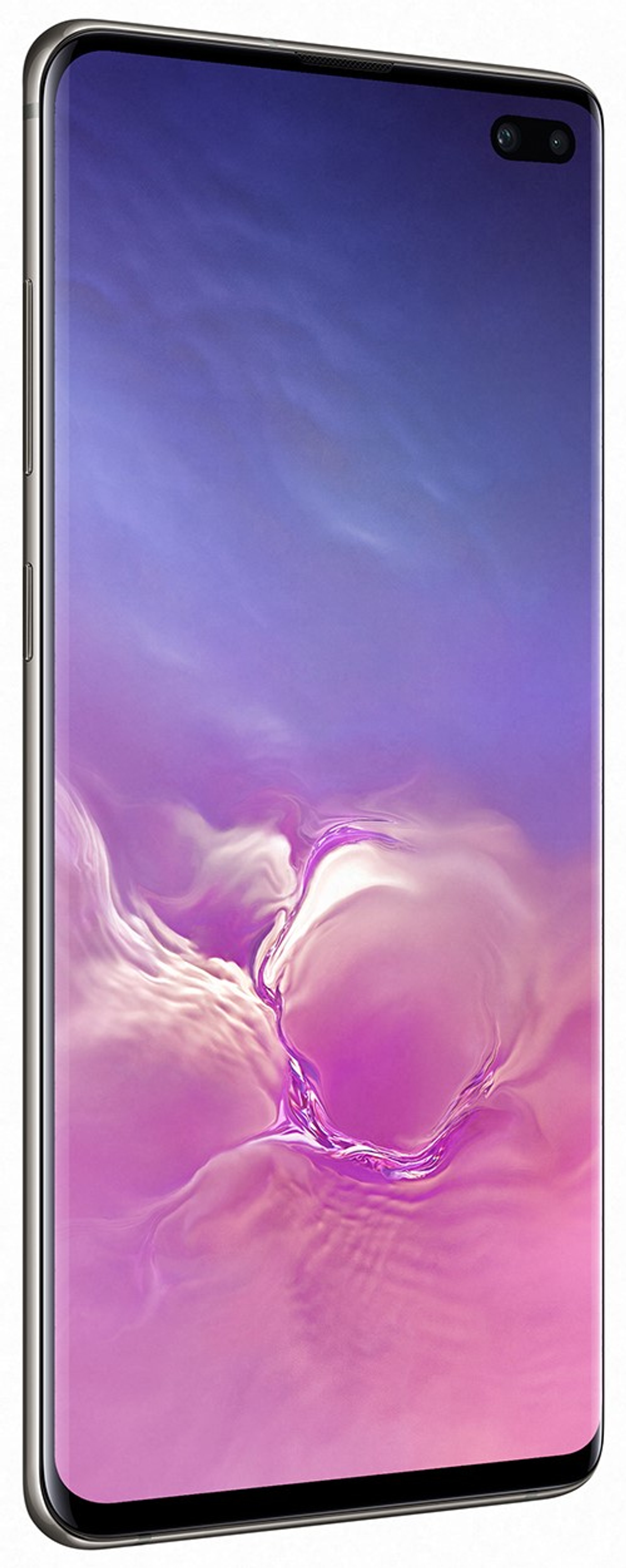 Ein Smartphone mit großem, gebogenem Bildschirm, der einen lila-blauen Farbverlauf anzeigt. Silberner Rahmen.