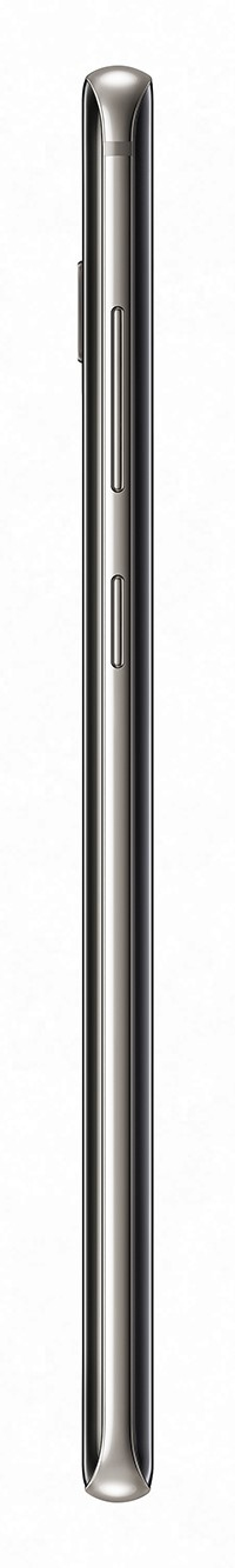 Seitenansicht eines silbernen Smartphones. Knöpfe und Kamera an der Seite. Weißer Hintergrund.