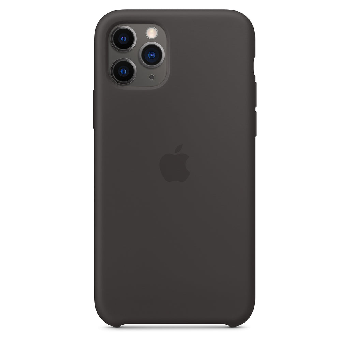 Zwarte iPhone 11 Pro met zwarte hoes, Apple-logo zichtbaar.