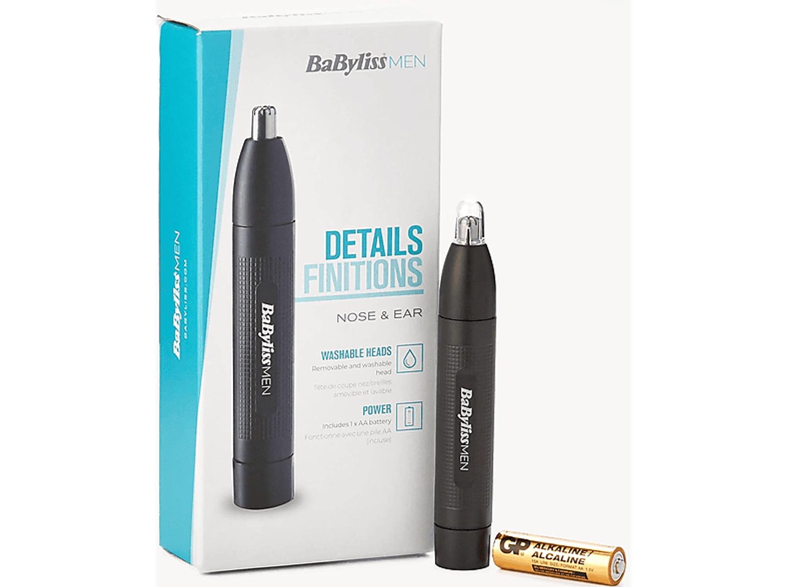 BaByliss Nasen- und Ohrenhaartrimmer mit Box und Batterie. Der Trimmer ist schwarz.