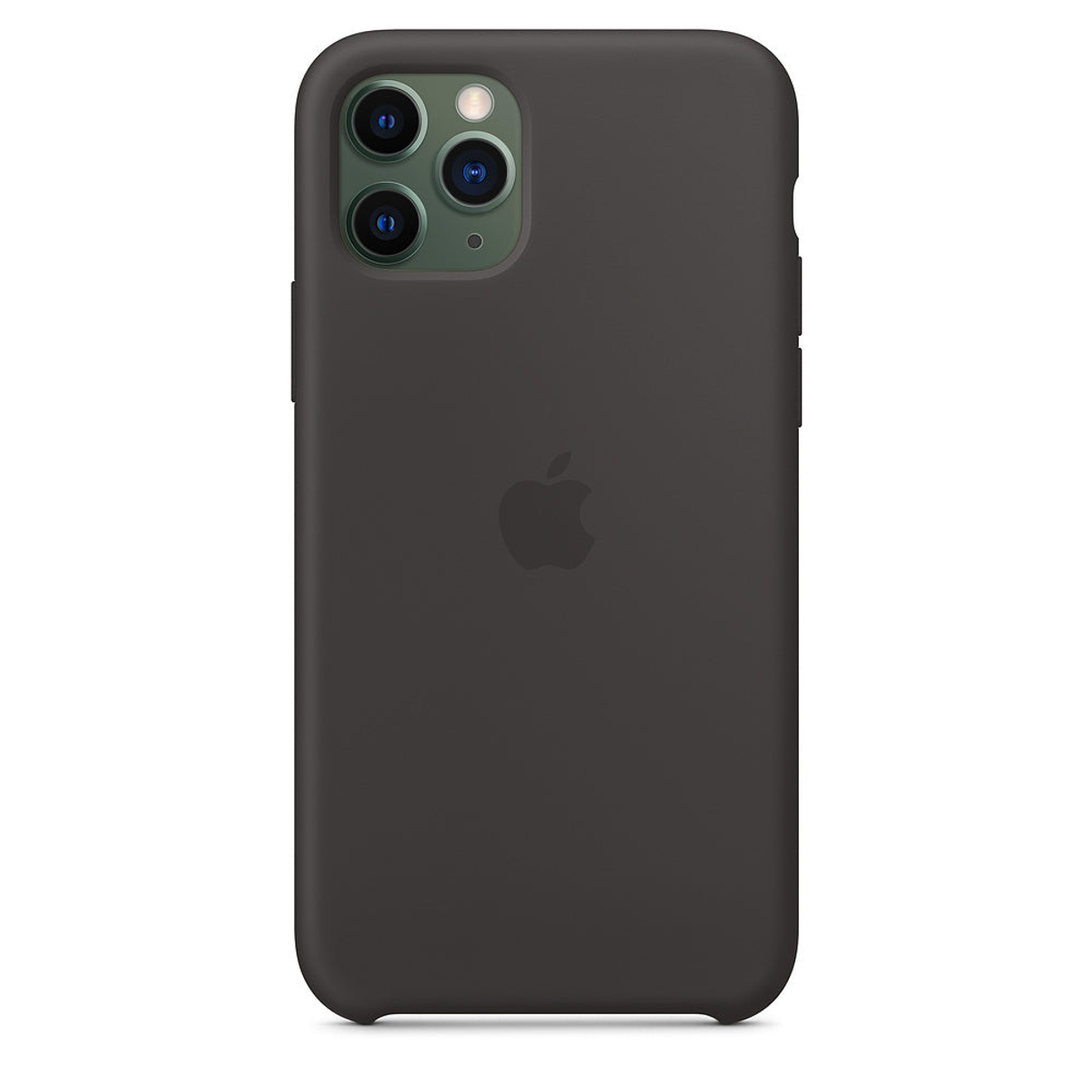 Donkerbruine telefoonhoes met Apple-logo. Drie cameralenzen zichtbaar.