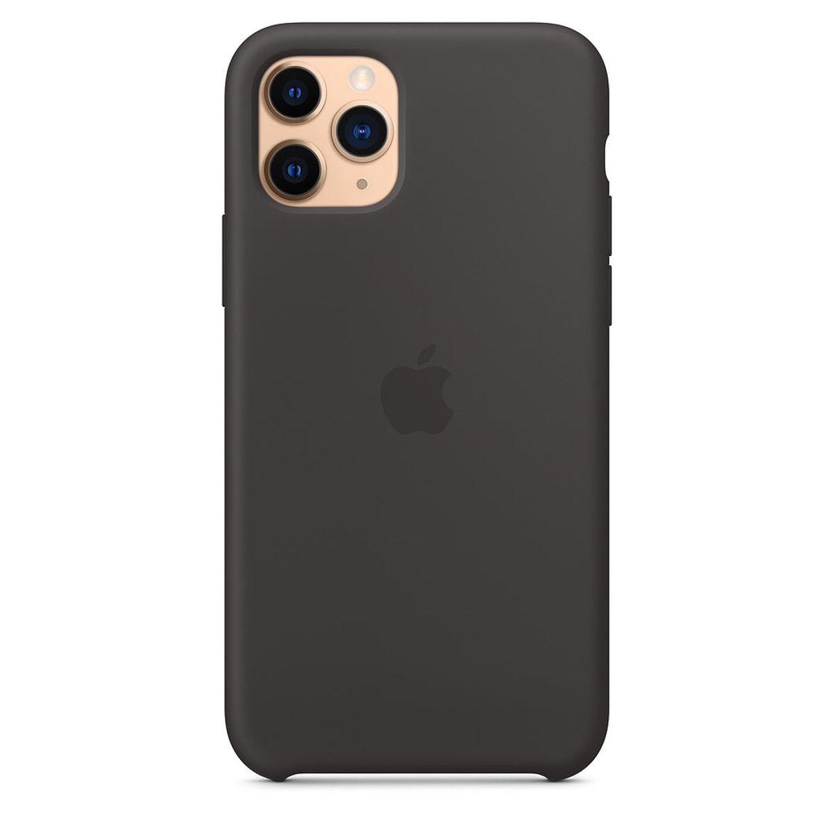 Zwarte telefoon met bruine hoes, achteraanzicht. Er is een Apple-logo en een camera-opstelling met drie lenzen.