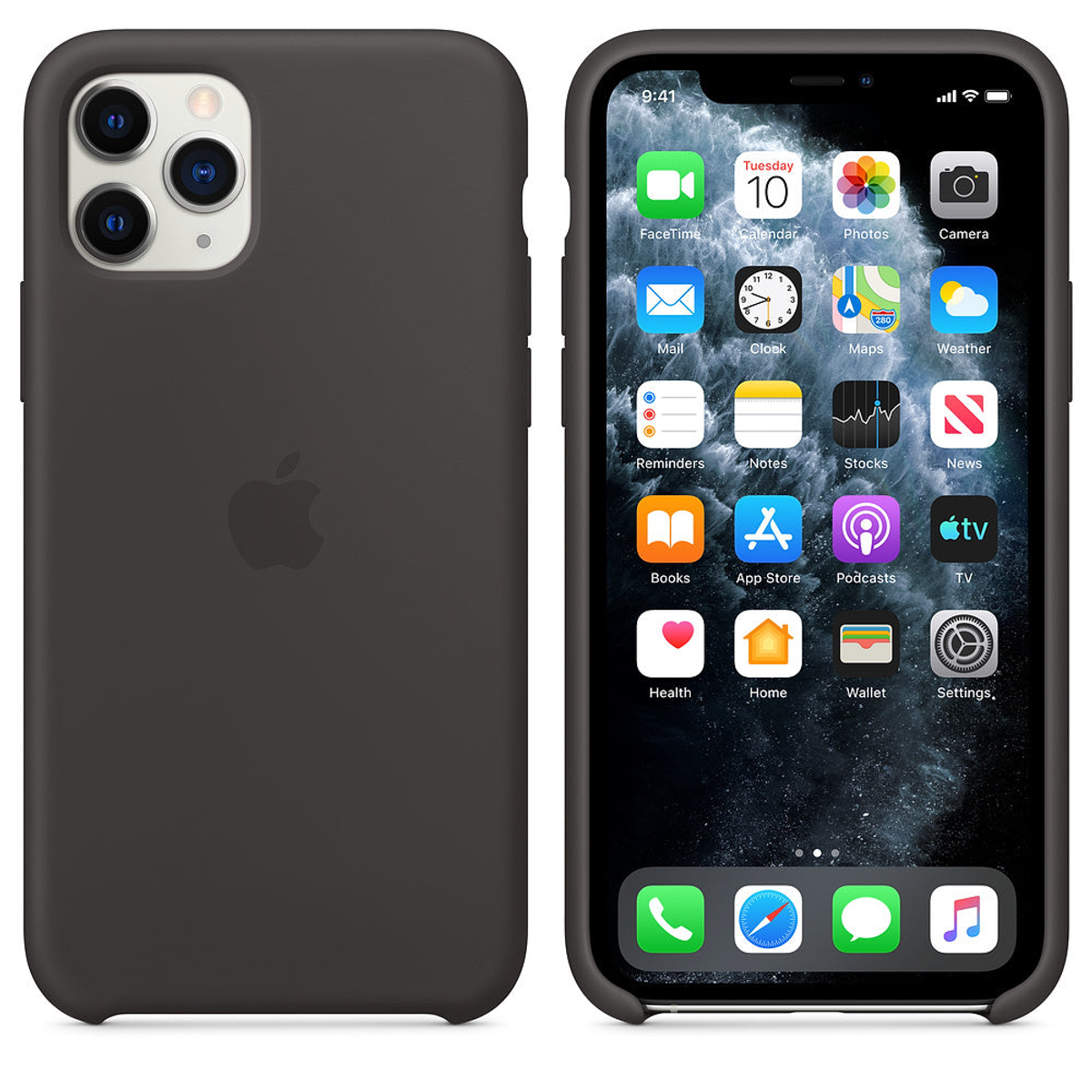 Zwarte iPhone met een zwarte hoes, met het startscherm met apps.