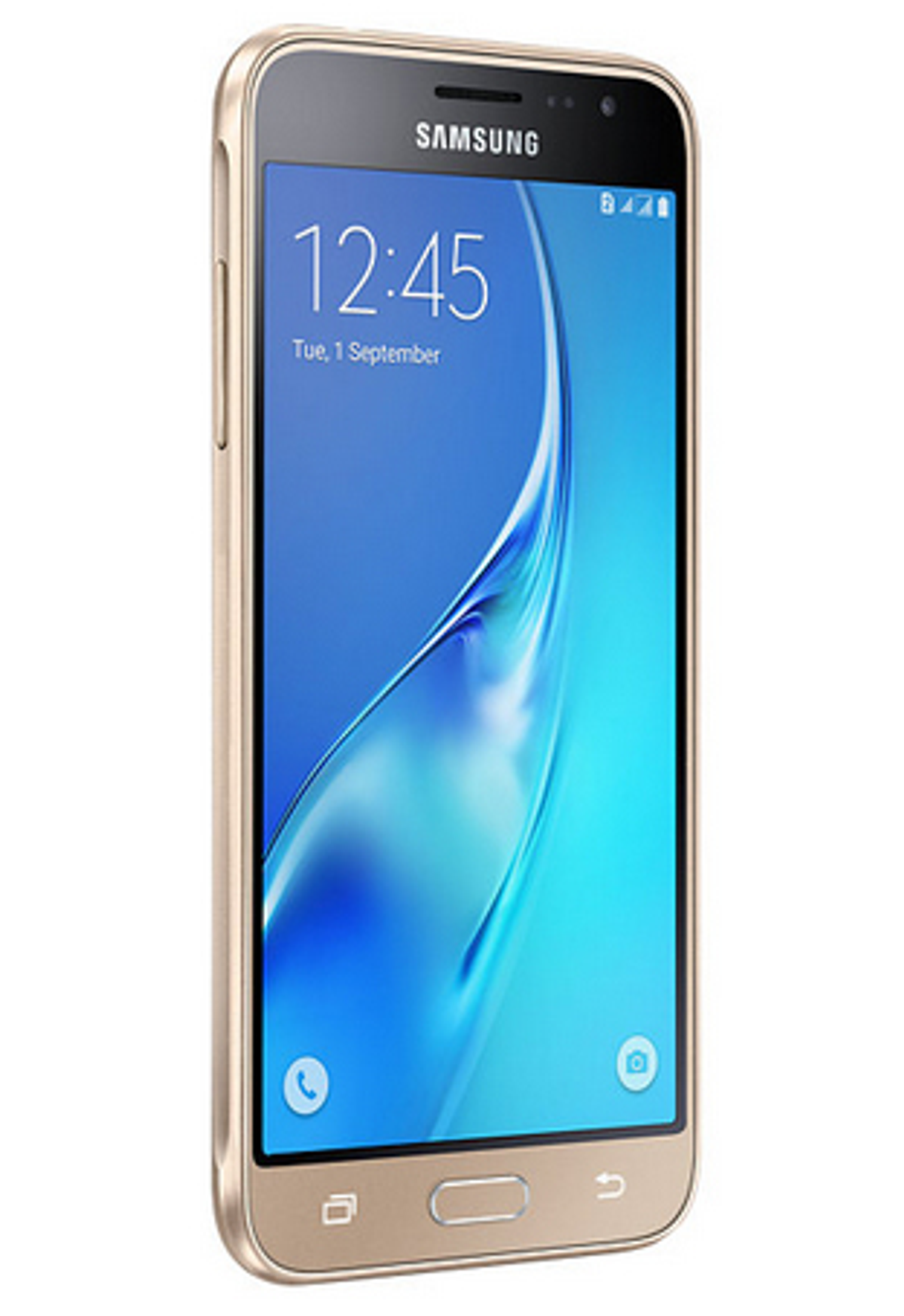 Ein goldfarbenes Samsung-Smartphone, das die Uhrzeit 12:45 auf einem blauen Bildschirm anzeigt.