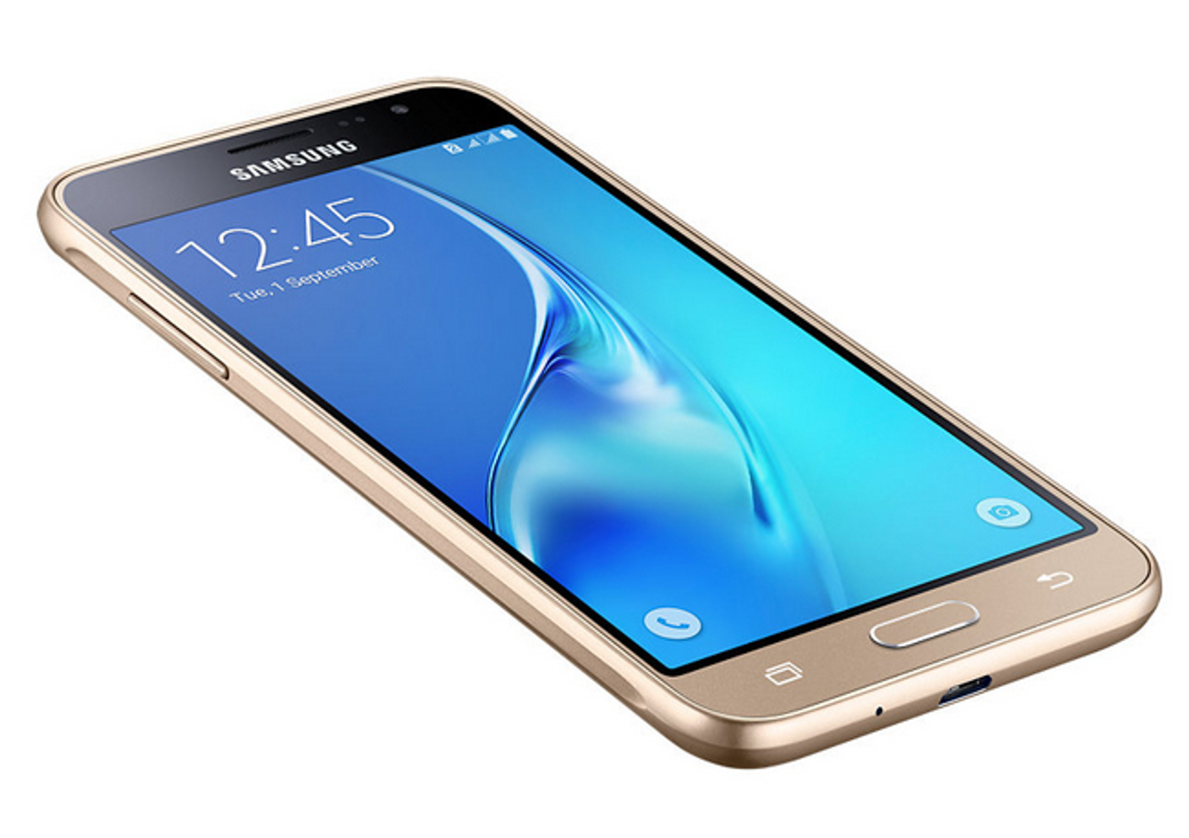 Goldenes Telefon, zeigt Zeit und Datum auf dem Bildschirm. Das Telefon liegt schräg.