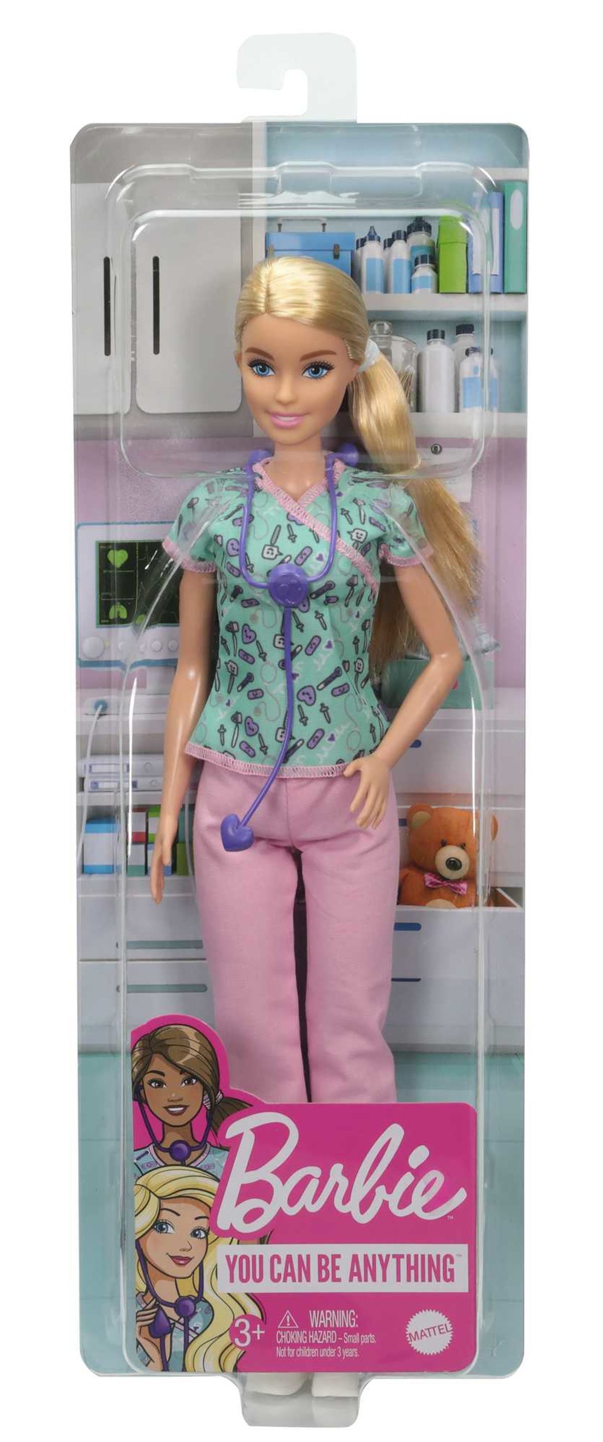 Barbie-Puppe als Krankenschwester in einem Krankenhaus. In einer Box mit Barbie-Logo.