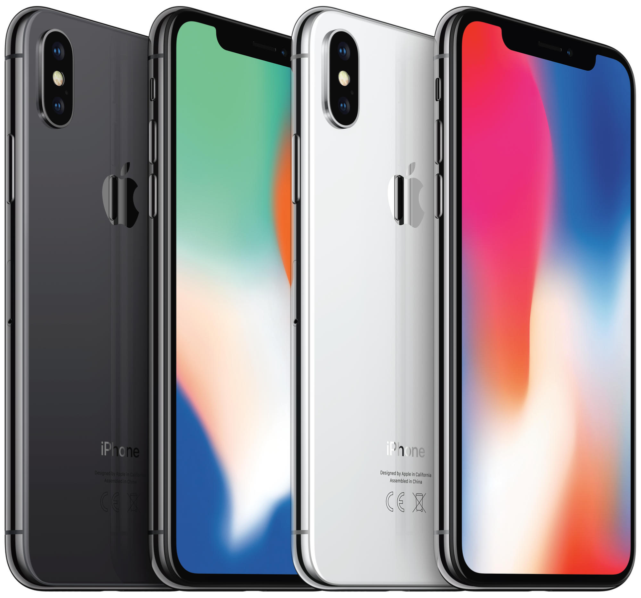 Vier Smartphones in verschiedenen Farben: Schwarz, Grau, Weiß und farbenfrohes Display.