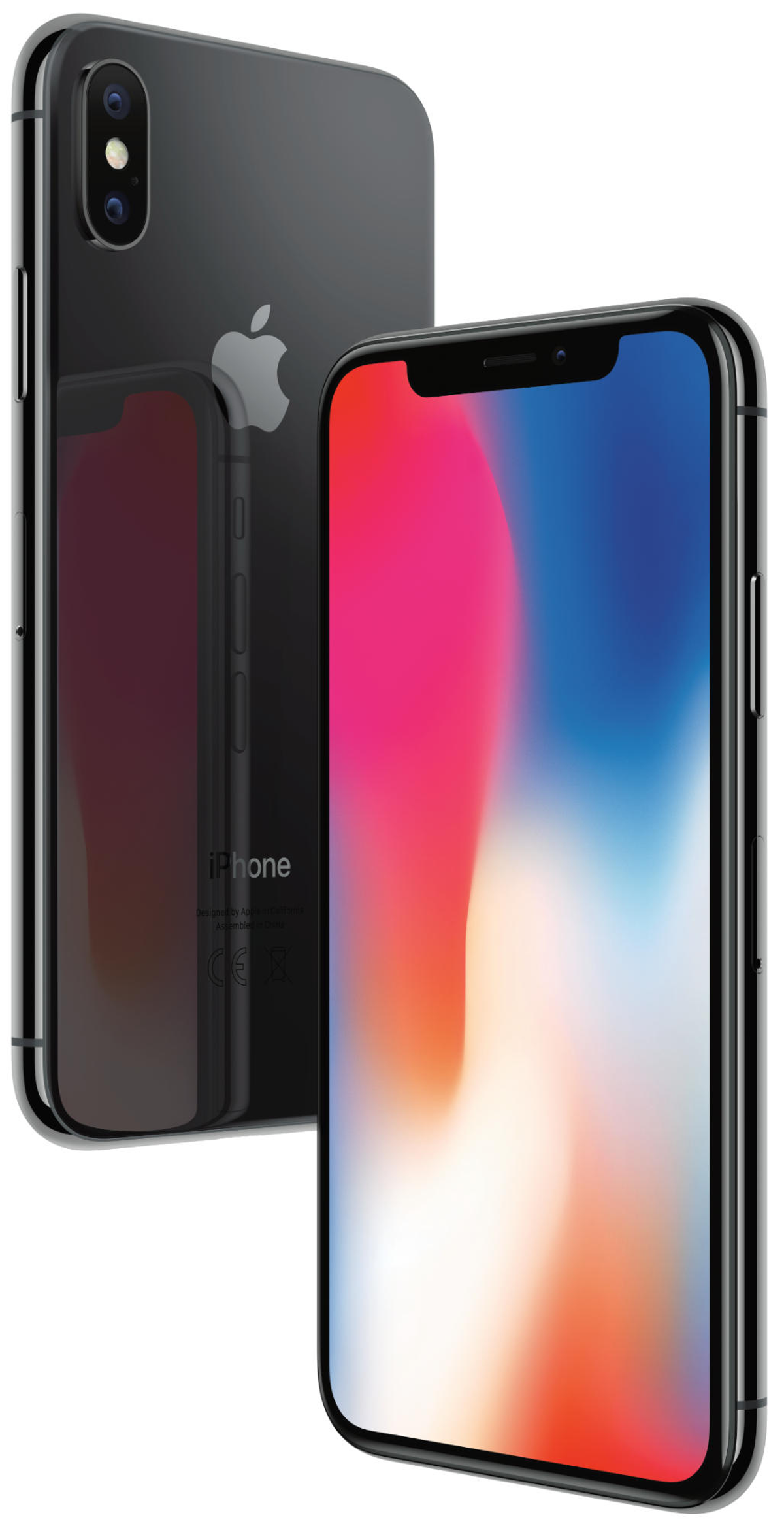 Schwarzes iPhone X mit Bildschirm, weißer Hintergrund, Schatten.