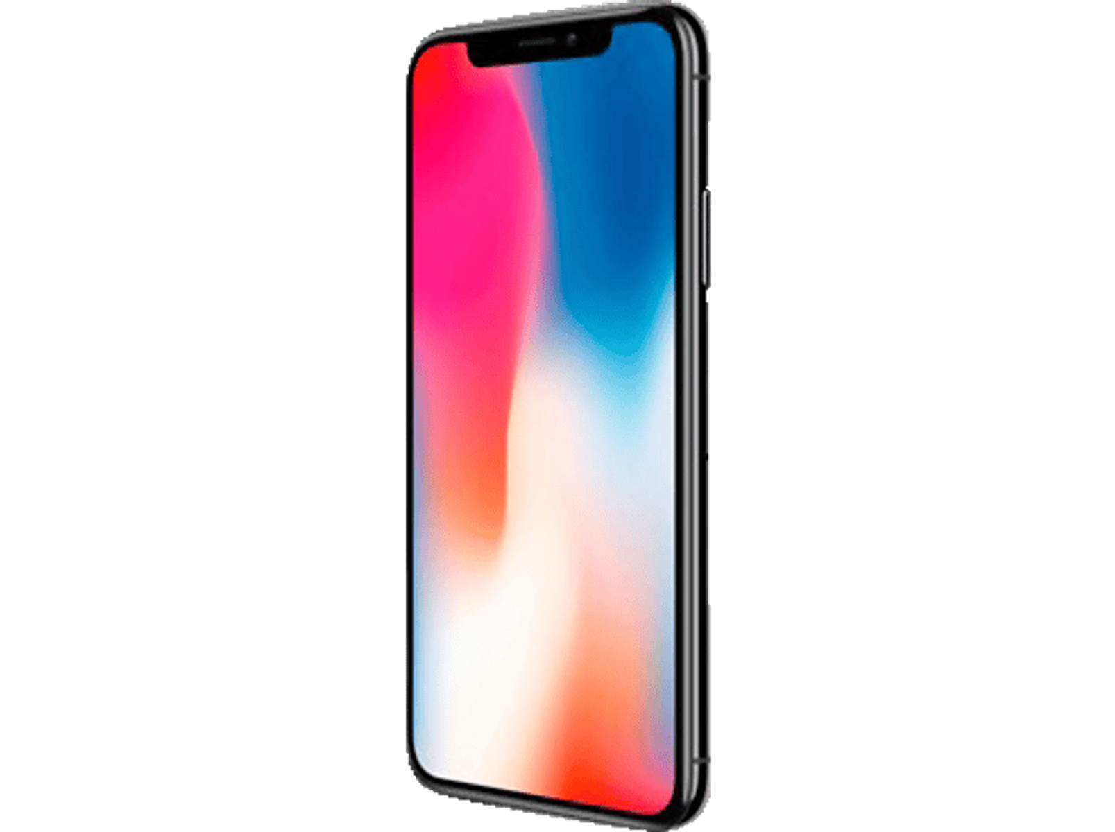 Ein iPhone X-Handy mit farbenfrohem Bildschirm und schwarzen Rändern. Es ist auf schwarzem Hintergrund abgewinkelt.