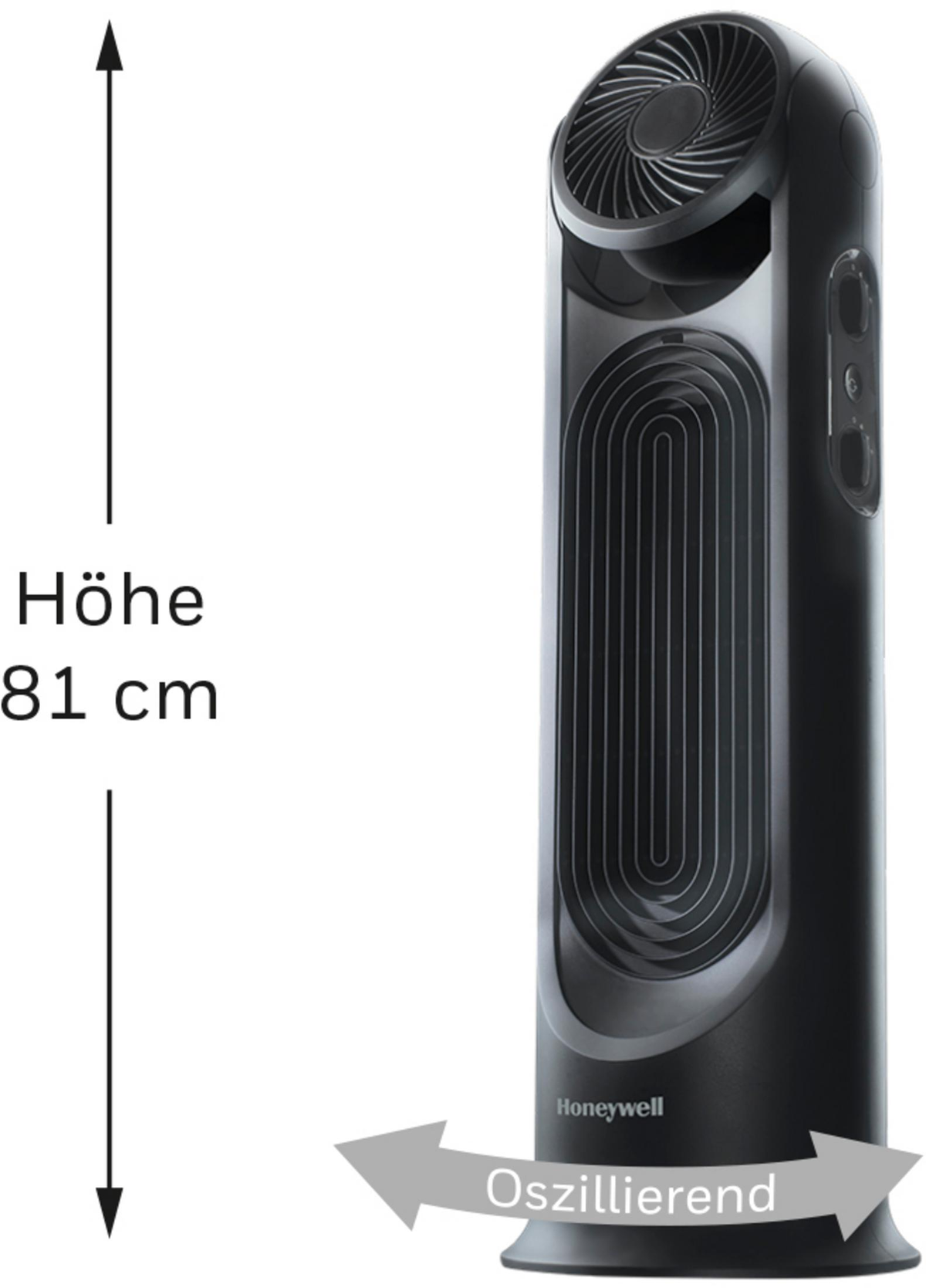 Czarny wentylator oscylacyjny Honeywell, 81 cm wysokości. Zakrzywiony design.