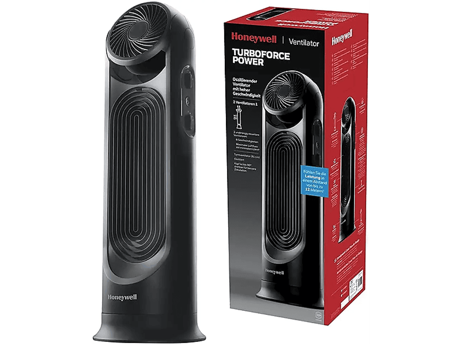 Wentylator Honeywell TurboForce Power i jego pudełko, czarny kolor, białe tło.