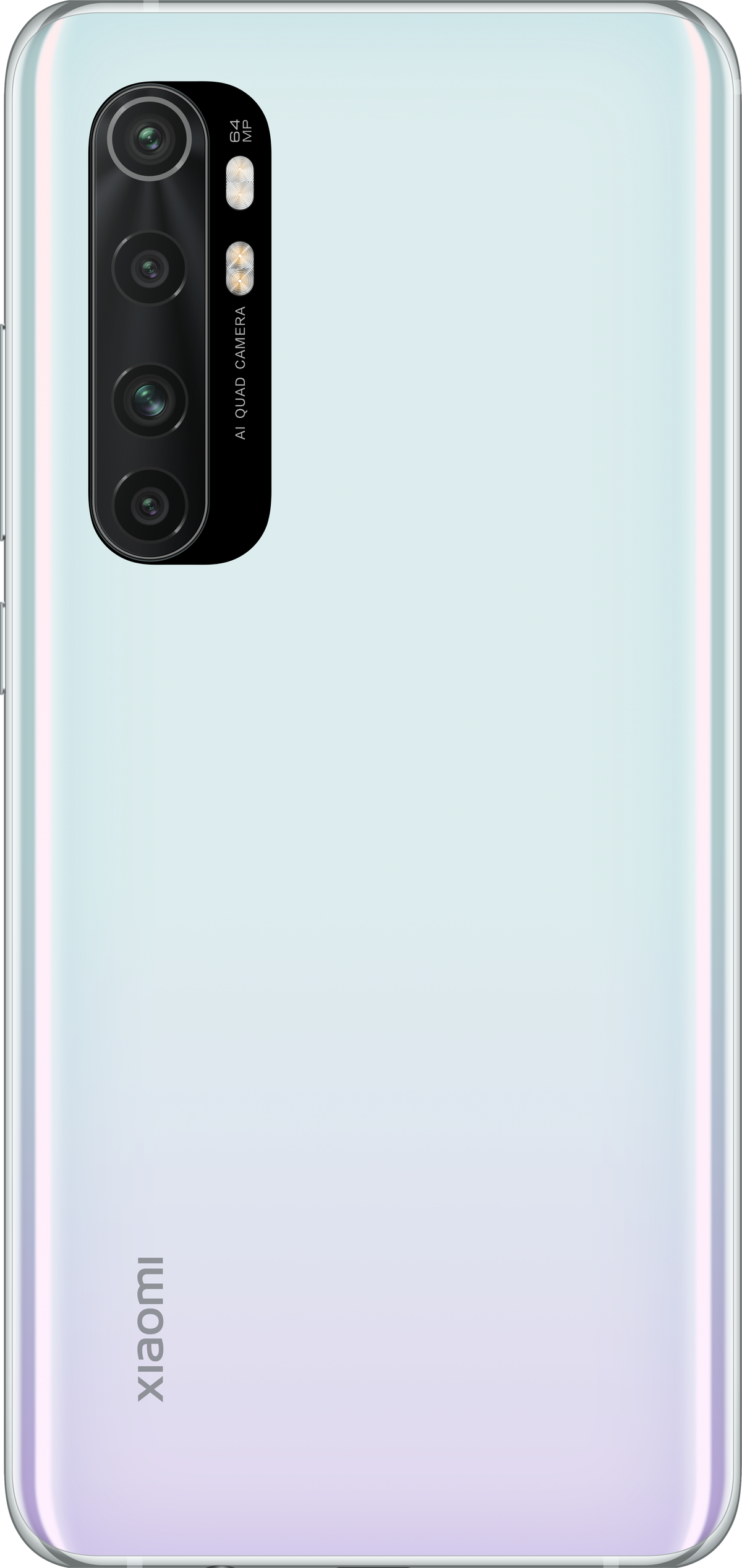 Weißes Smartphone mit Kameraanordnung auf der Rückseite. Das Xiaomi-Logo befindet sich unten.