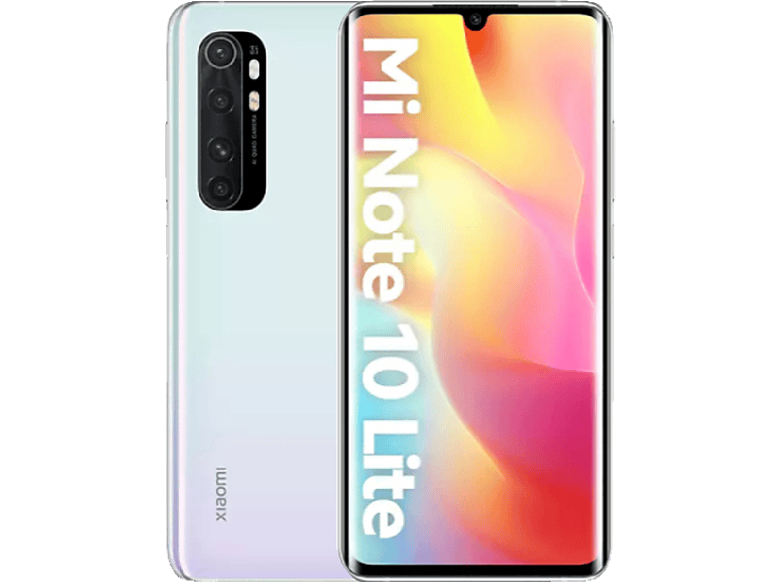 Weißes Telefon mit Mehrfachkamera, zeigt Mi Note 10 Lite an.