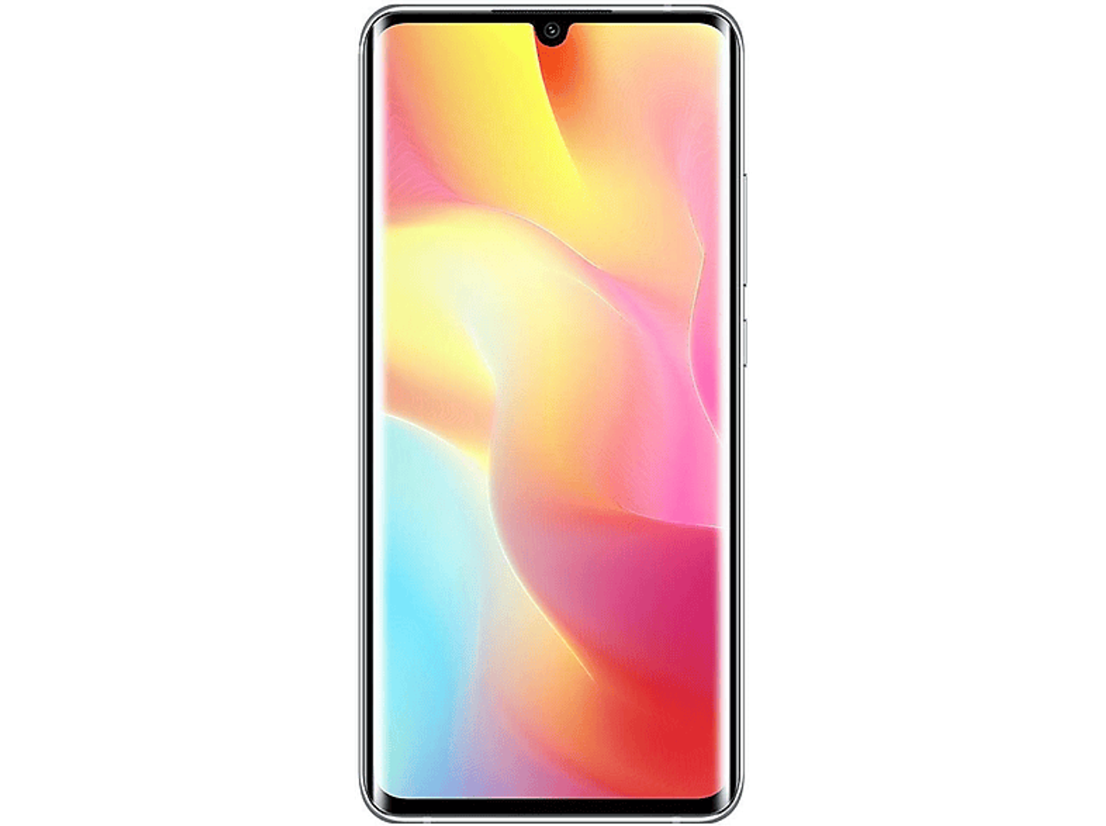 Ein Smartphone mit einem lebendigen Farbbildschirm, das ein glattes, fließendes Design auf schwarzen Rändern zeigt.