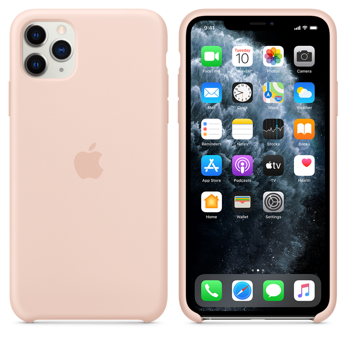 iPhone dans un étui rose, affichant l'écran d'accueil avec des icônes d'applications. Logo Apple.