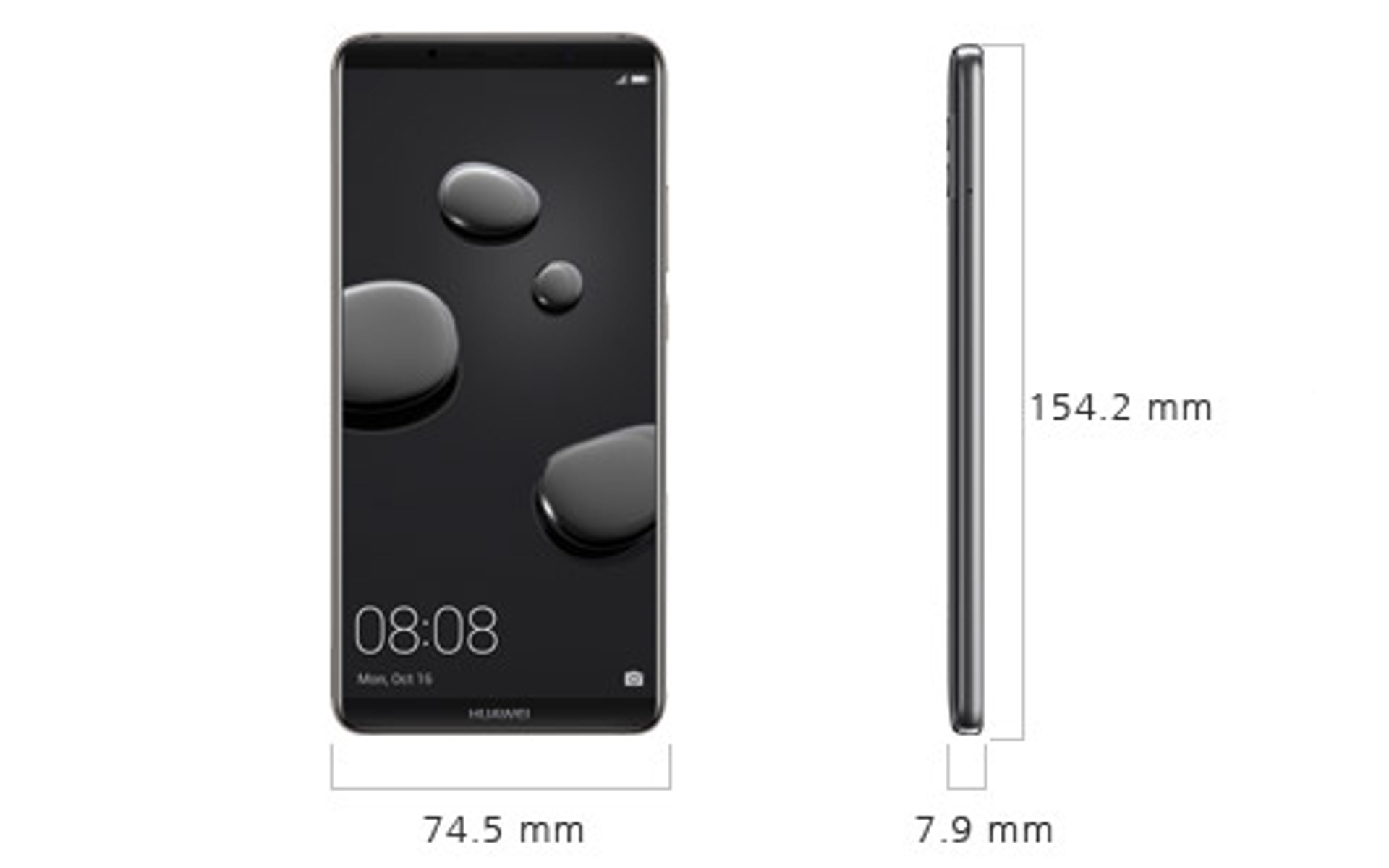 Un telefono Huawei nero, che mostra la vista frontale e laterale. Mostra le dimensioni in millimetri.
