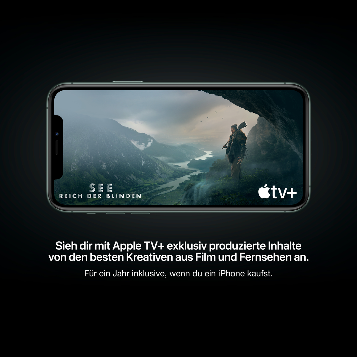 Ein Telefon, das eine Szene aus 'See' mit dem Apple TV+ Logo anzeigt. Text ist auf Deutsch.