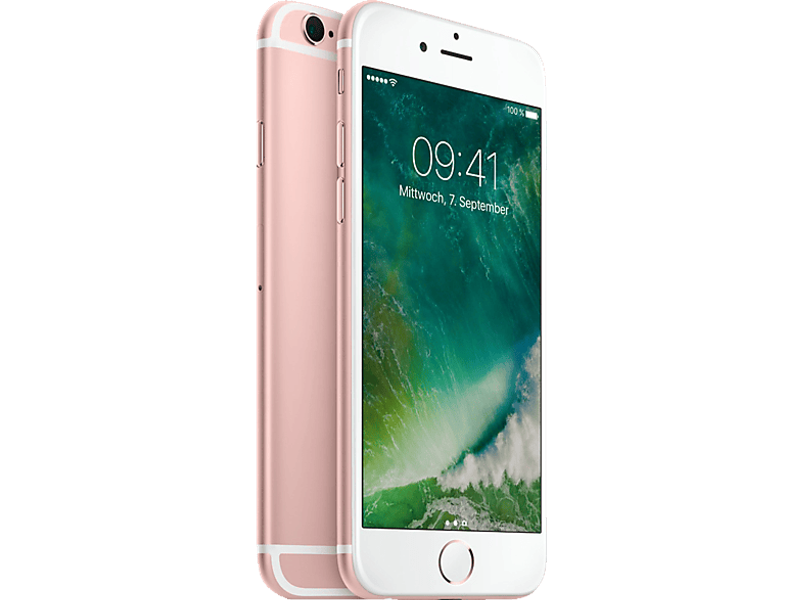 Roségoldenes iPhone, zwei Ansichten. Hintergrund: schwarz. Fokus auf Design und Form des Telefons.