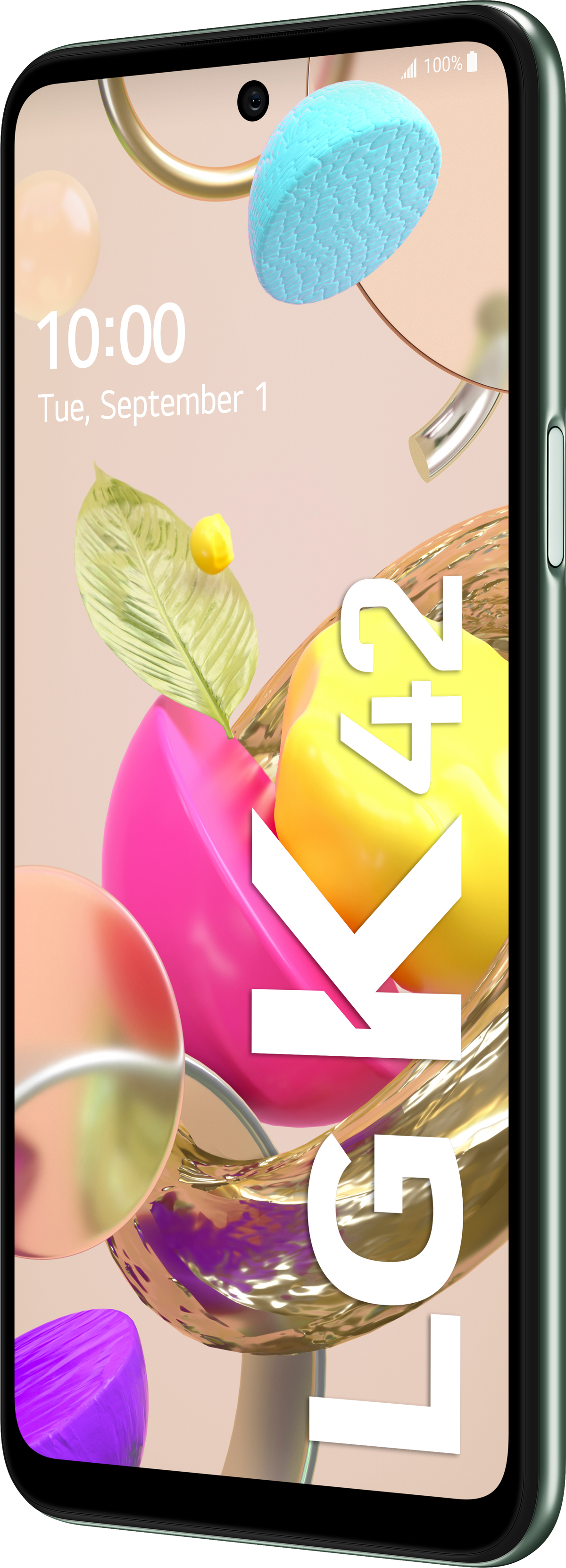 Ein grünes LG K42 Telefon mit abstrakten, farbenfrohen Formen darum herum.