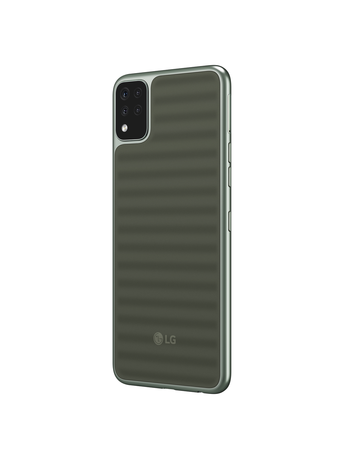 Grünes Telefon mit strukturierter Rückseite, mit Quad-Kamera-Setup.