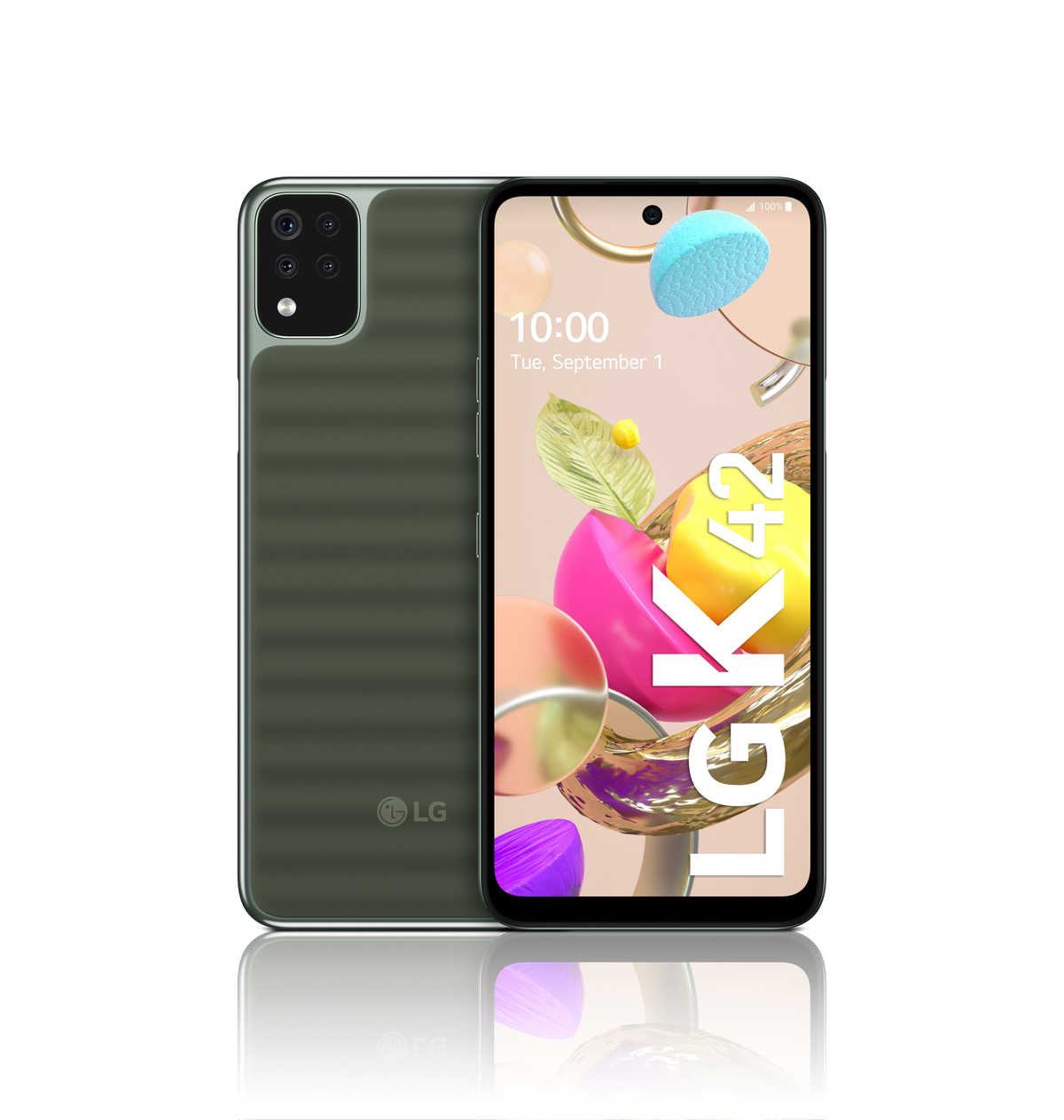 LG K42 Smartphone. Das Telefon ist grün und hat einen bunten Bildschirm.
