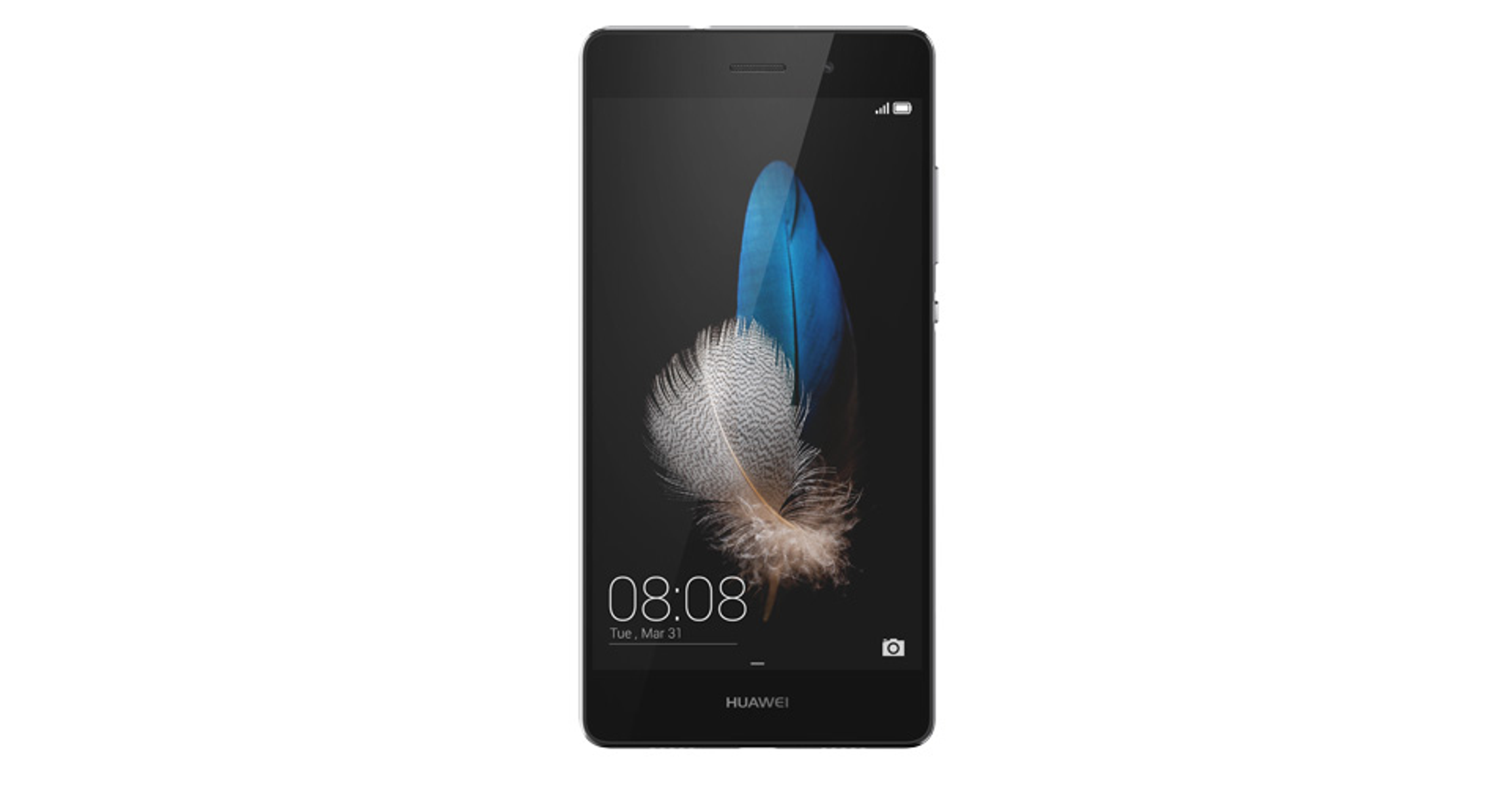 Schwarzes Smartphone mit Federdesign auf dem Bildschirm, Uhrzeit 08:08. Huawei-Logo unten.