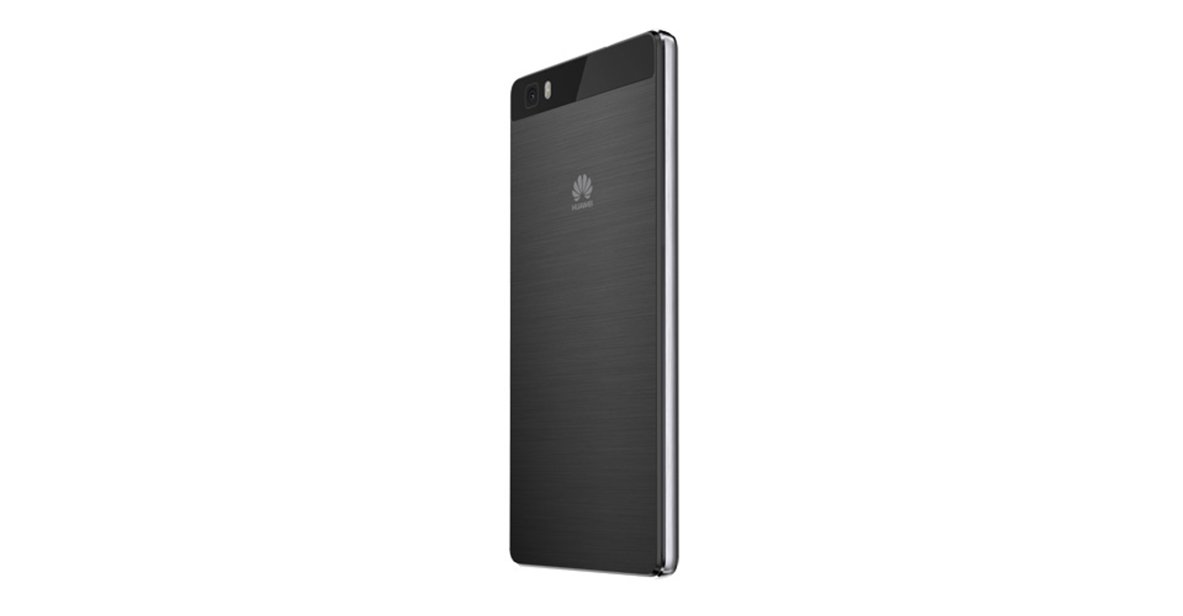 Ein schwarzes Smartphone von hinten gesehen. Es hat eine Kamera und ein Logo.