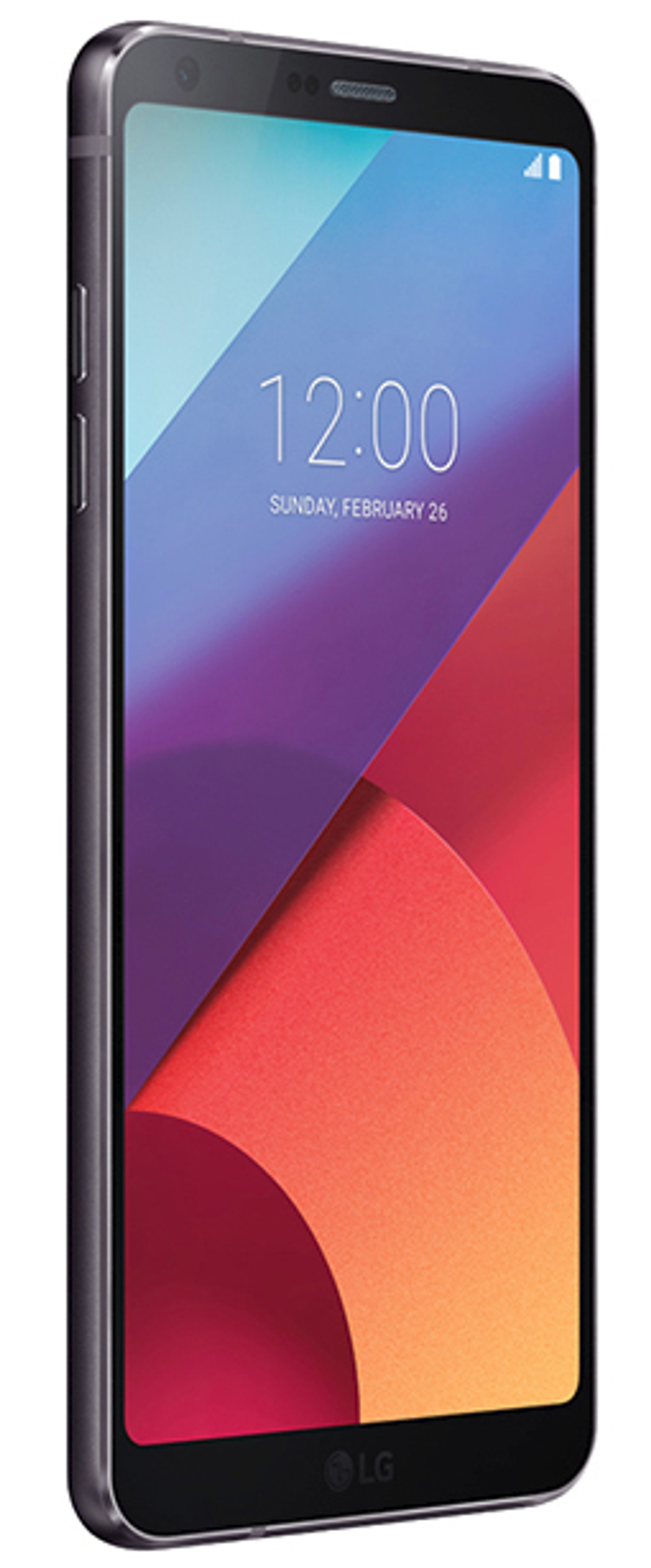 Ein schwarzes Smartphone mit farbenfrohem Bildschirm. Die Uhrzeit ist 12:00. Das Telefon wird von der Seite betrachtet.