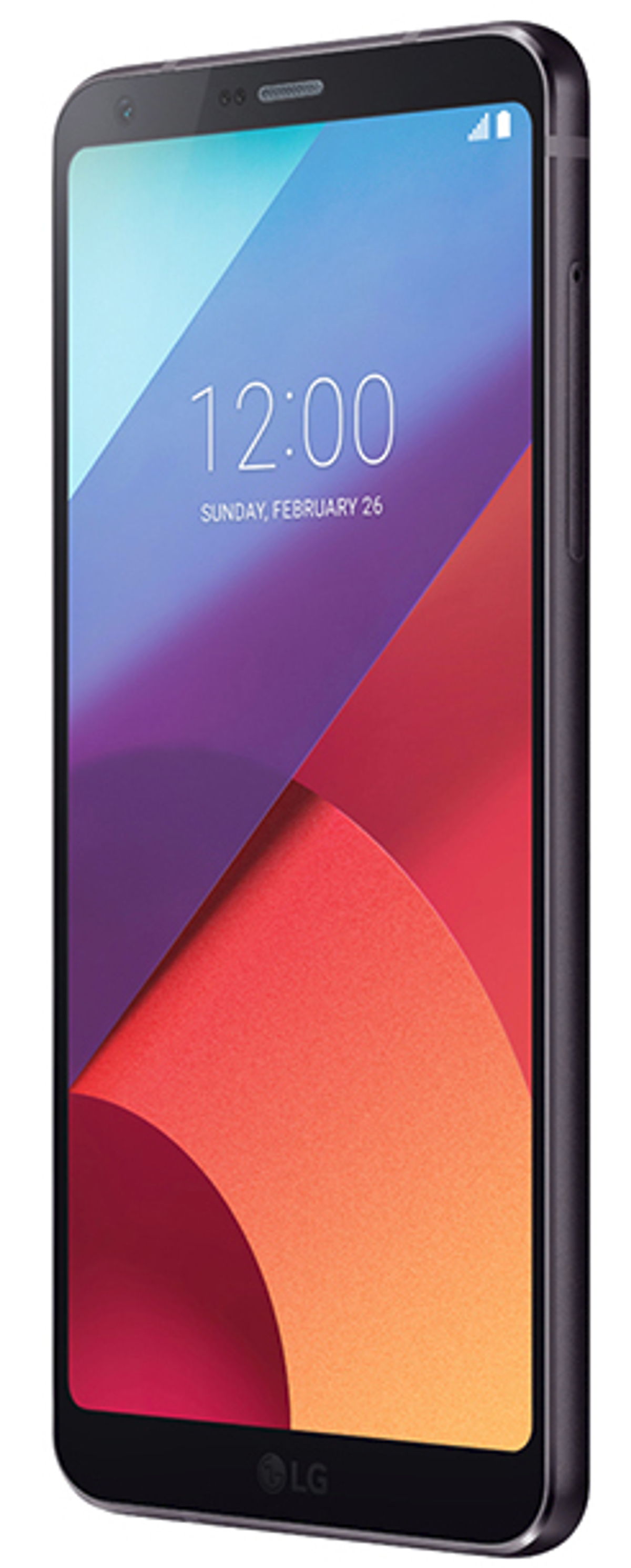 LG Telefon mit farbenfrohem Bildschirm, der Zeit und Datum anzeigt.