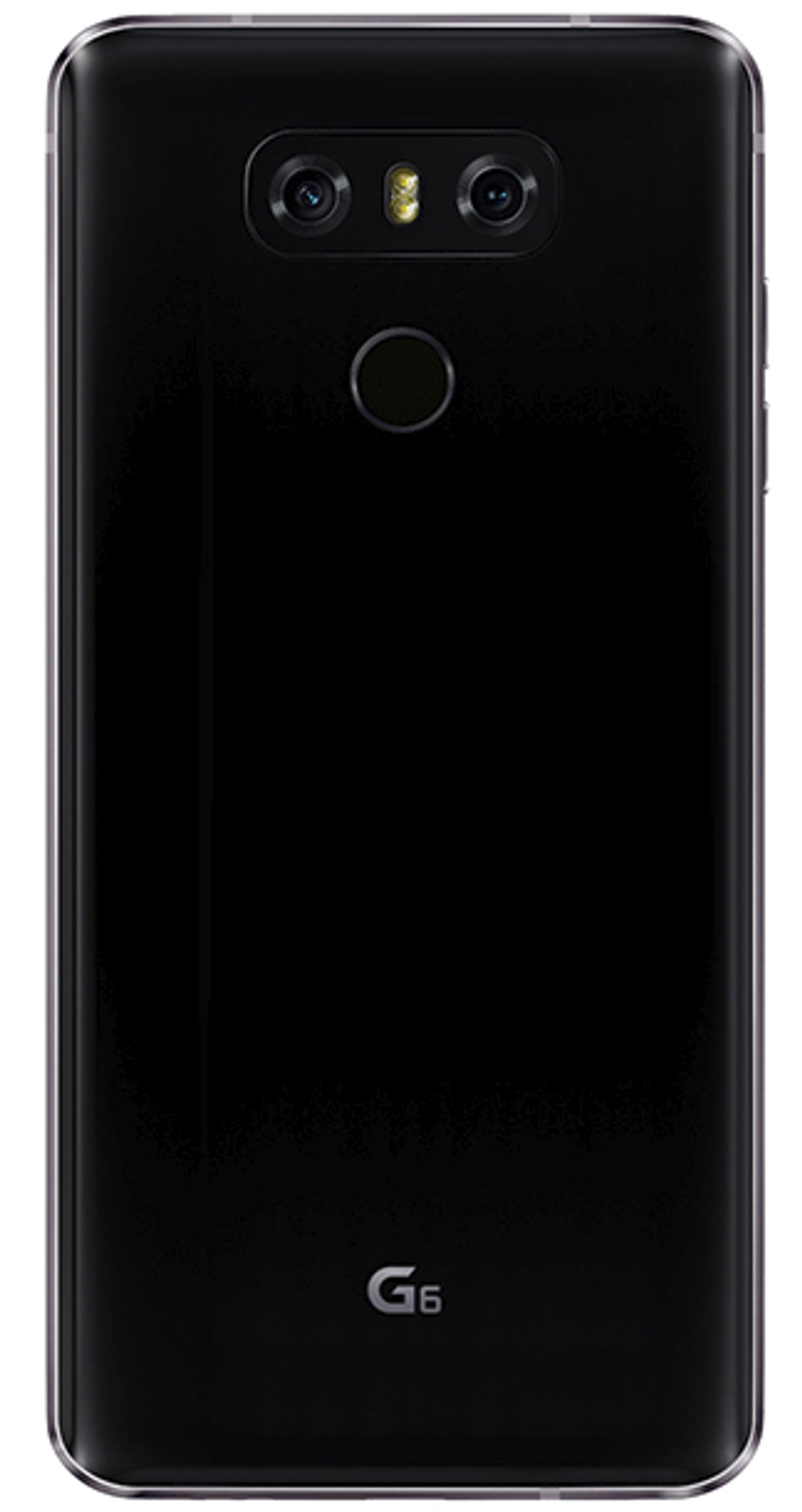 Schwarze Smartphone-Rückseite mit zwei Kameras, Fingerabdrucksensor und 'G6'-Logo.