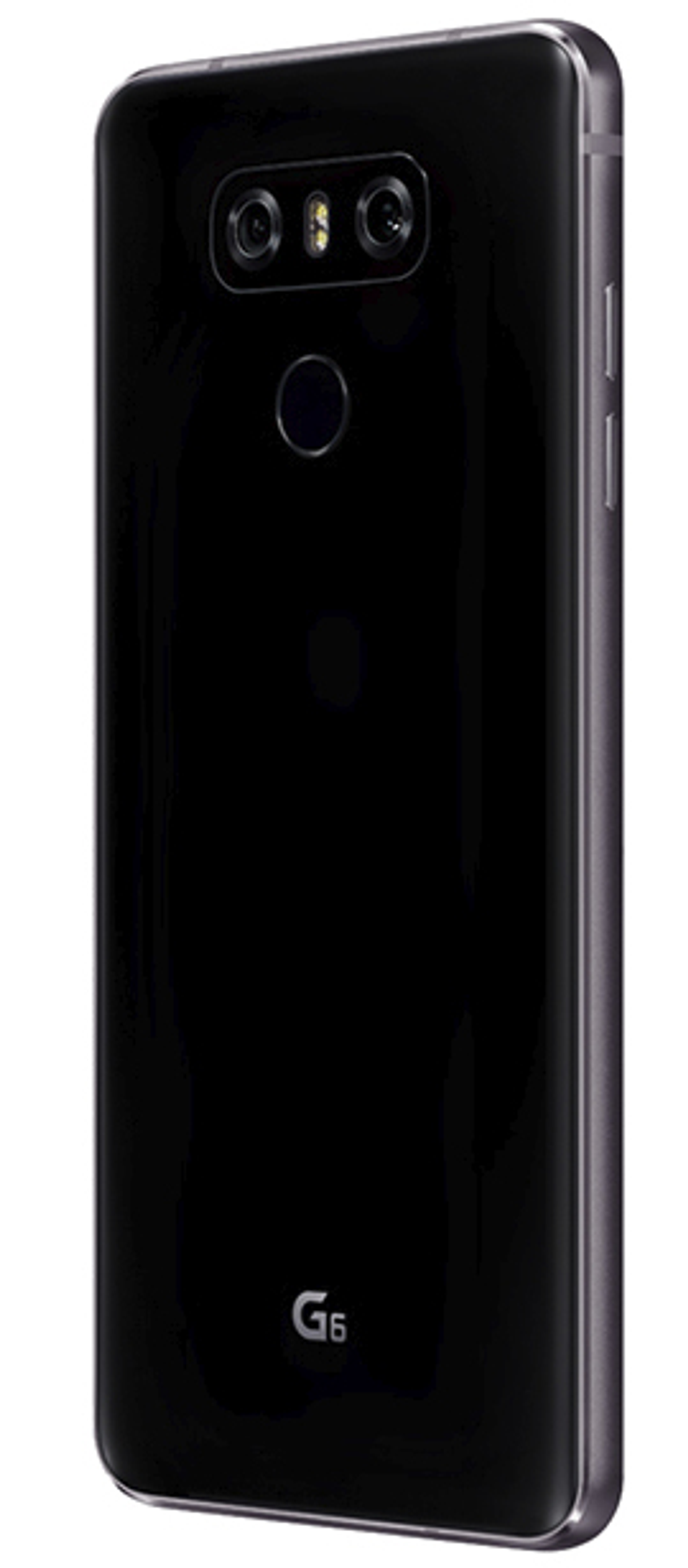 Schwarze Smartphone-Rückansicht, Dual-Kamera, Fingerabdrucksensor und G6-Logo.