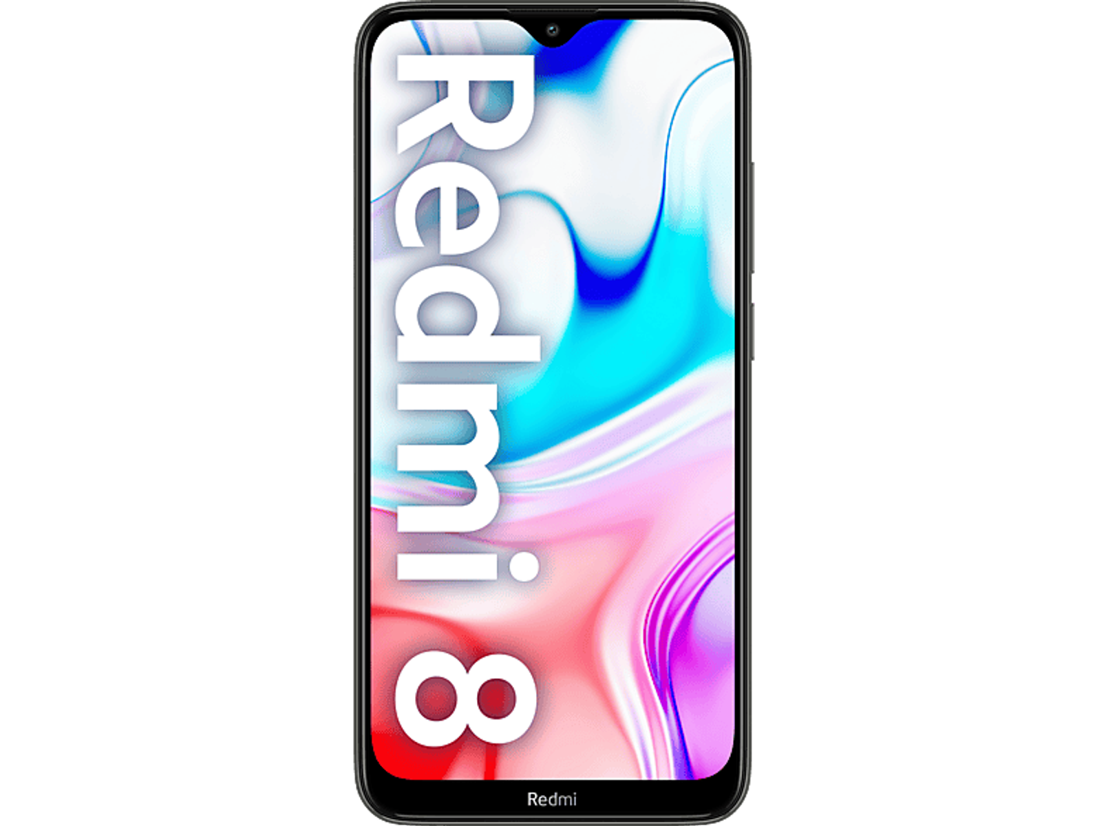 Smartphone, das das Wort 'Redmi' vertikal auf einem Farbverlaufshintergrund anzeigt.