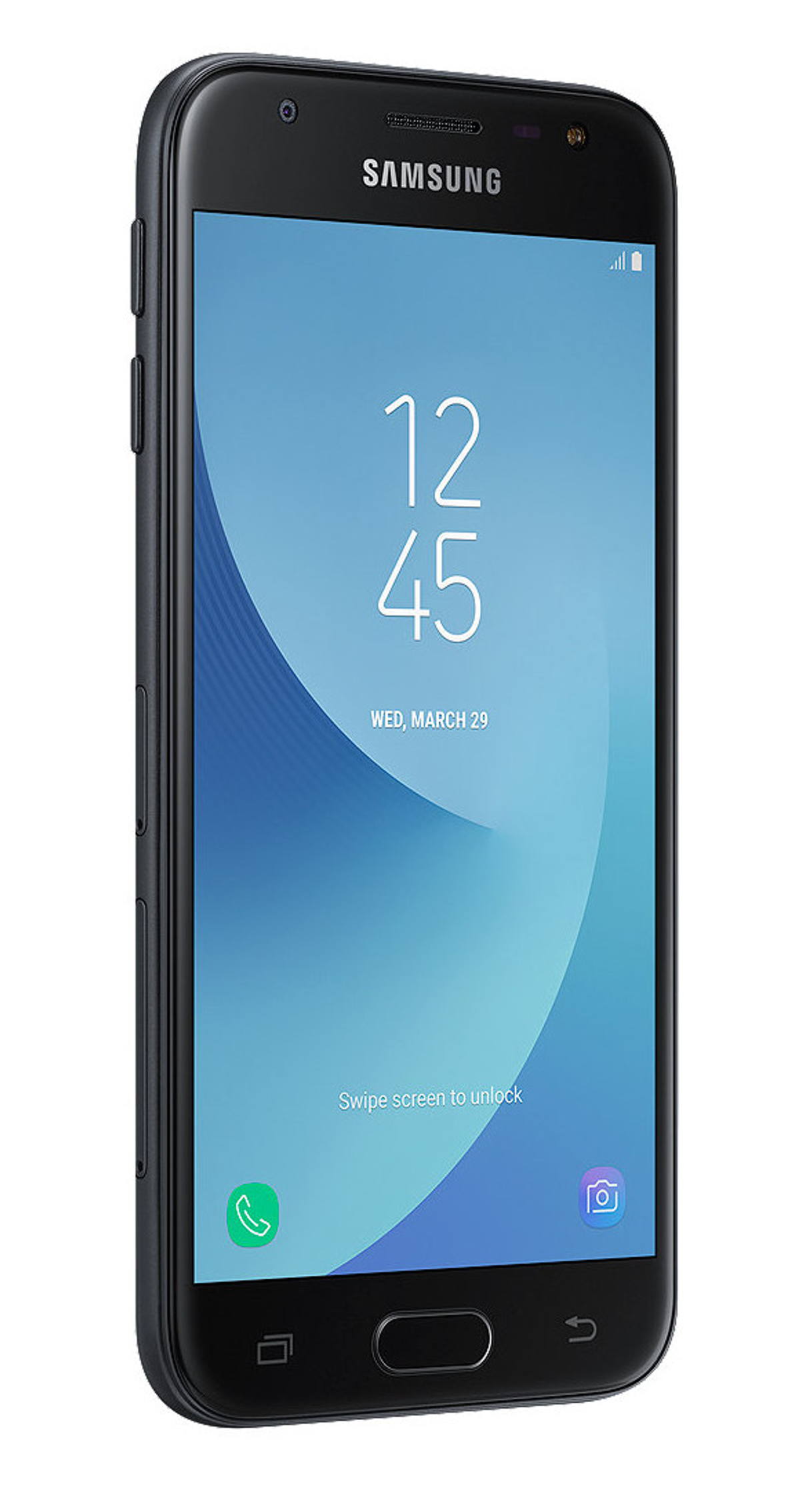 Schwarzes Smartphone mit Anzeige von Uhrzeit und Datum. Hat eine Kamera und eine Home-Taste.