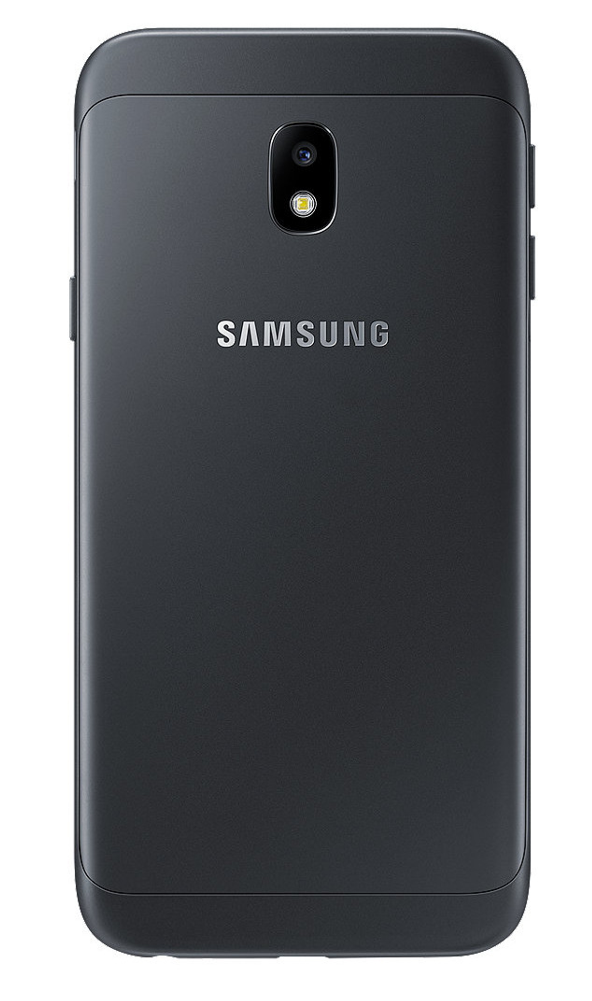 Ein schwarzes Samsung-Telefon mit Kamera und Blitz auf der Rückseite sichtbar.