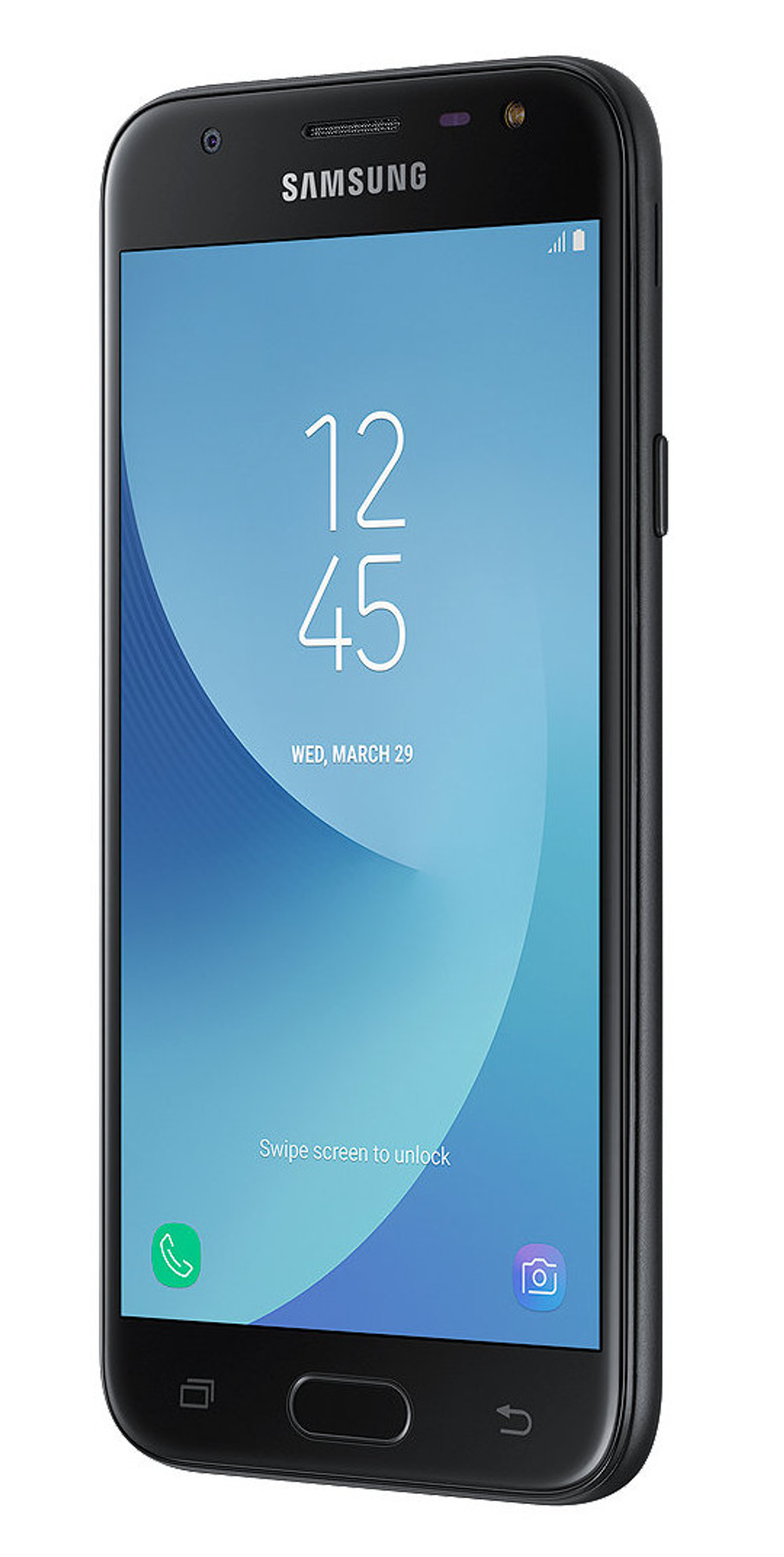Ein schwarzes Samsung-Smartphone, das 12:45 Uhr auf dem Bildschirm anzeigt, mit blauem Hintergrund.