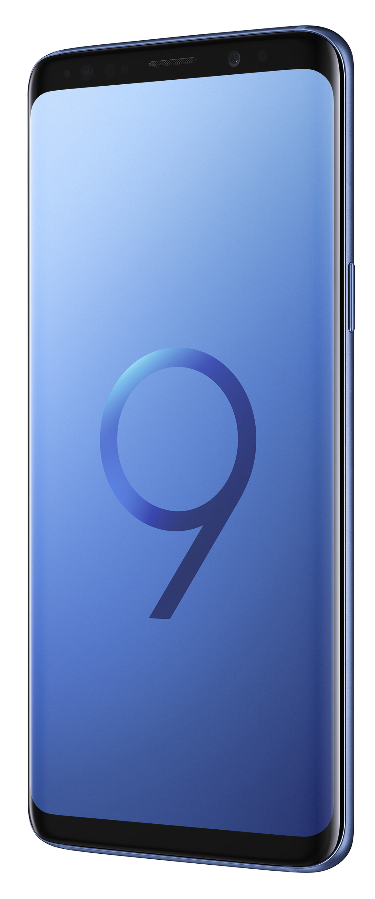 Ein blaues Smartphone mit gebogenem Bildschirm. Der Bildschirm zeigt eine große Zahl 9.