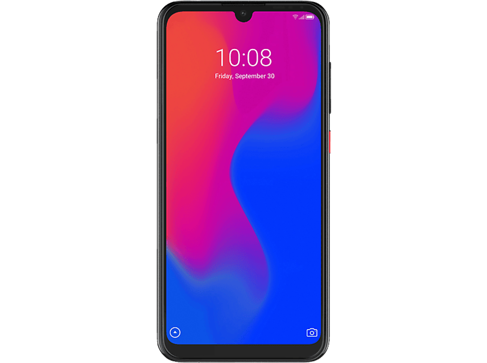 Ein Smartphone mit farbenfrohem Bildschirm, der Zeit und Datum zeigt.