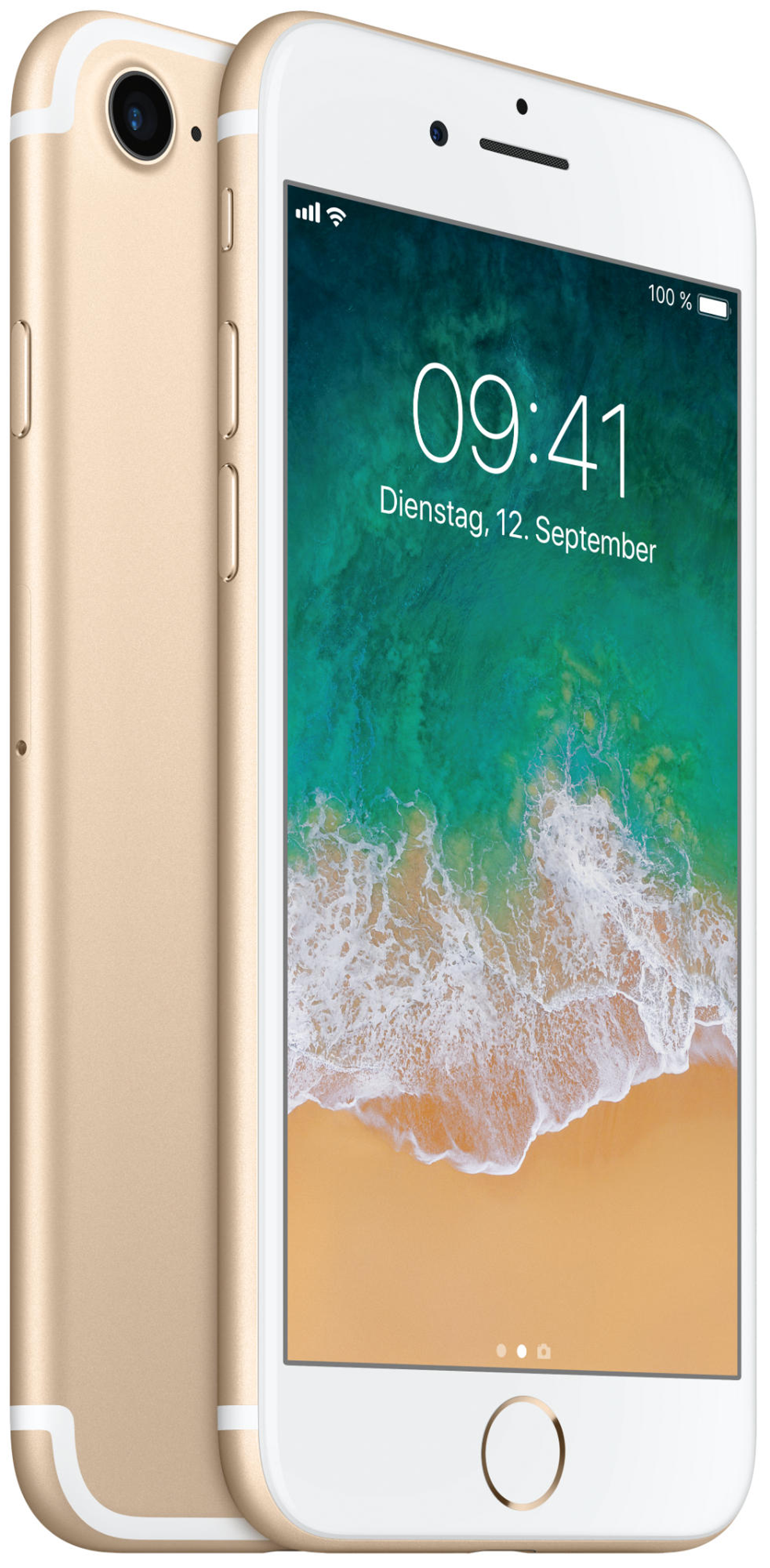Goldenes iPhone mit zwei Kameras. Der Bildschirm zeigt Uhrzeit und Datum auf Strandhintergrund.