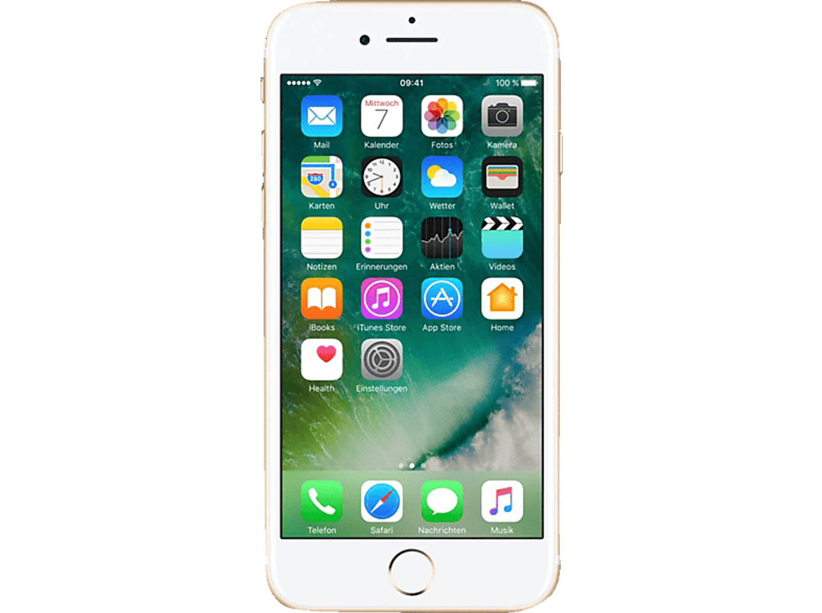 Goldenes iPhone mit App-Symbolen. Der Bildschirm zeigt Uhrzeit, Datum und Akkuladestand.