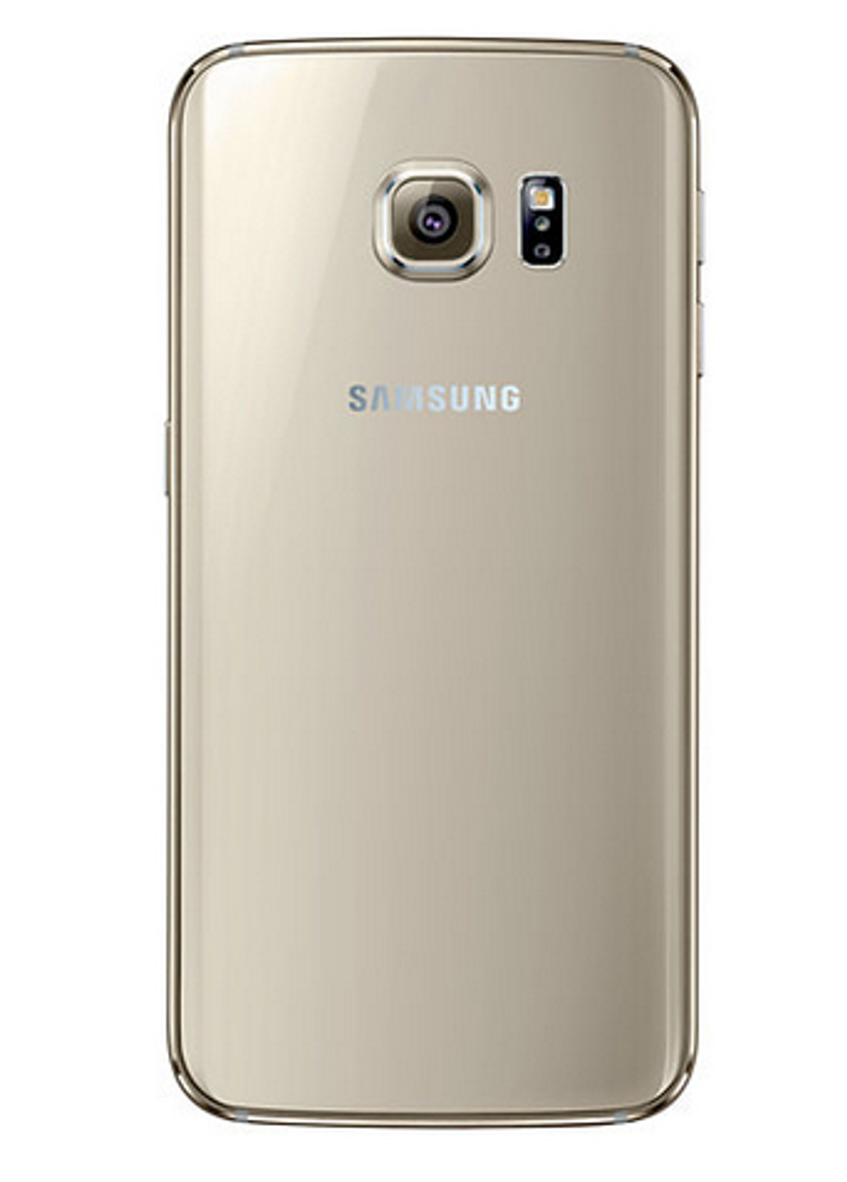 Rückseite eines goldenen Telefons mit Kamera und Samsung-Logo. Das Telefon hat ein schlankes Design.