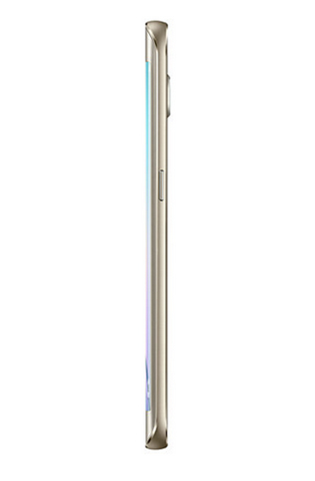 Ein goldenes Smartphone von der Seite betrachtet, zeigt Bildschirm und Seitentasten.